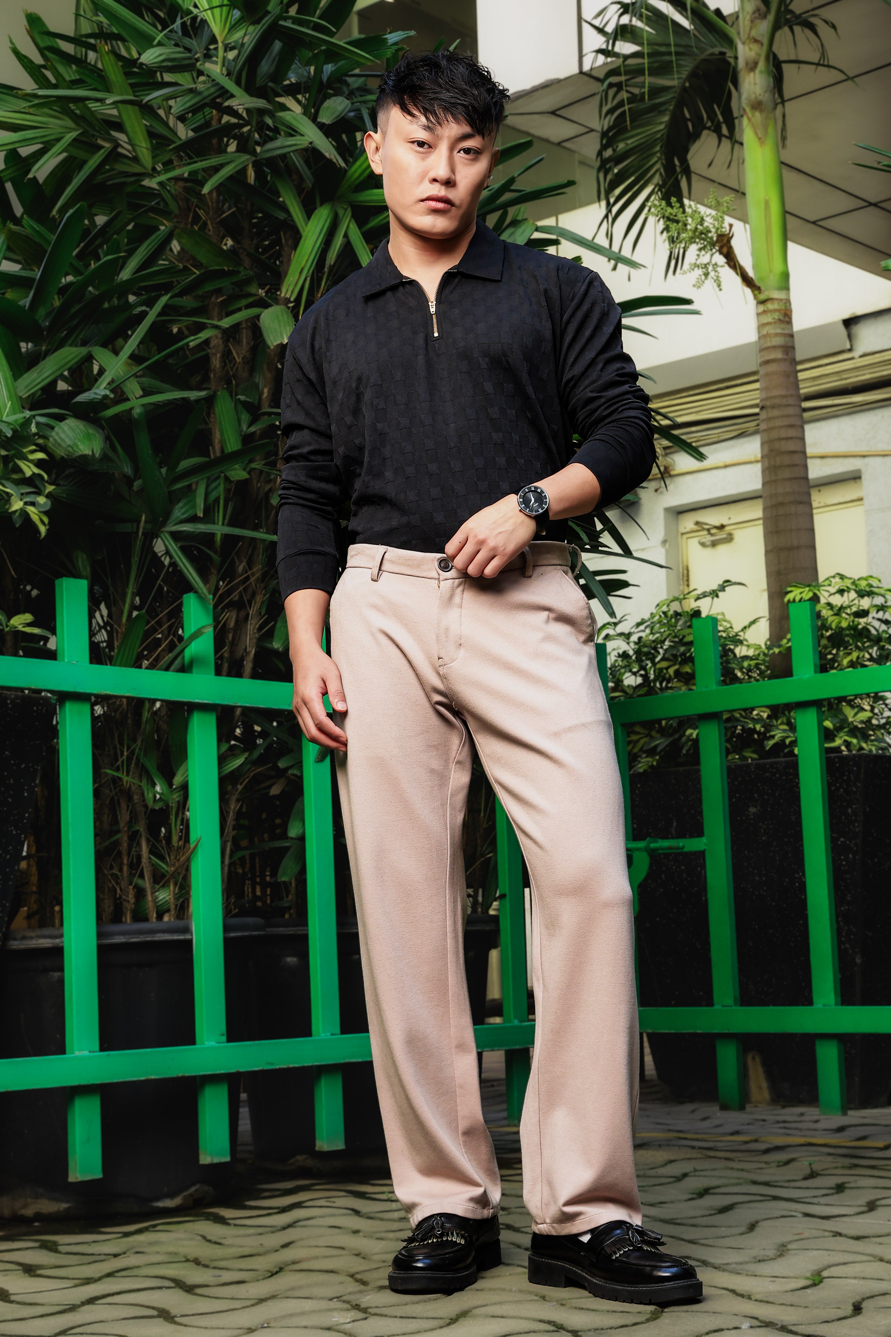 Black Solid Textured Cable Knit Drop-Shoulder Relaxed Fit Polo Neck Full Sleeve T-Shirt