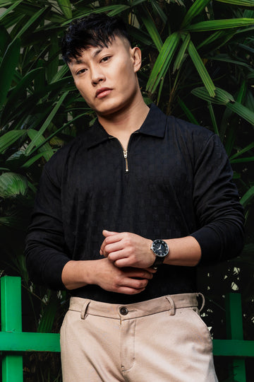 Black Solid Textured Cable Knit Drop-Shoulder Relaxed Fit Polo Neck Full Sleeve T-Shirt