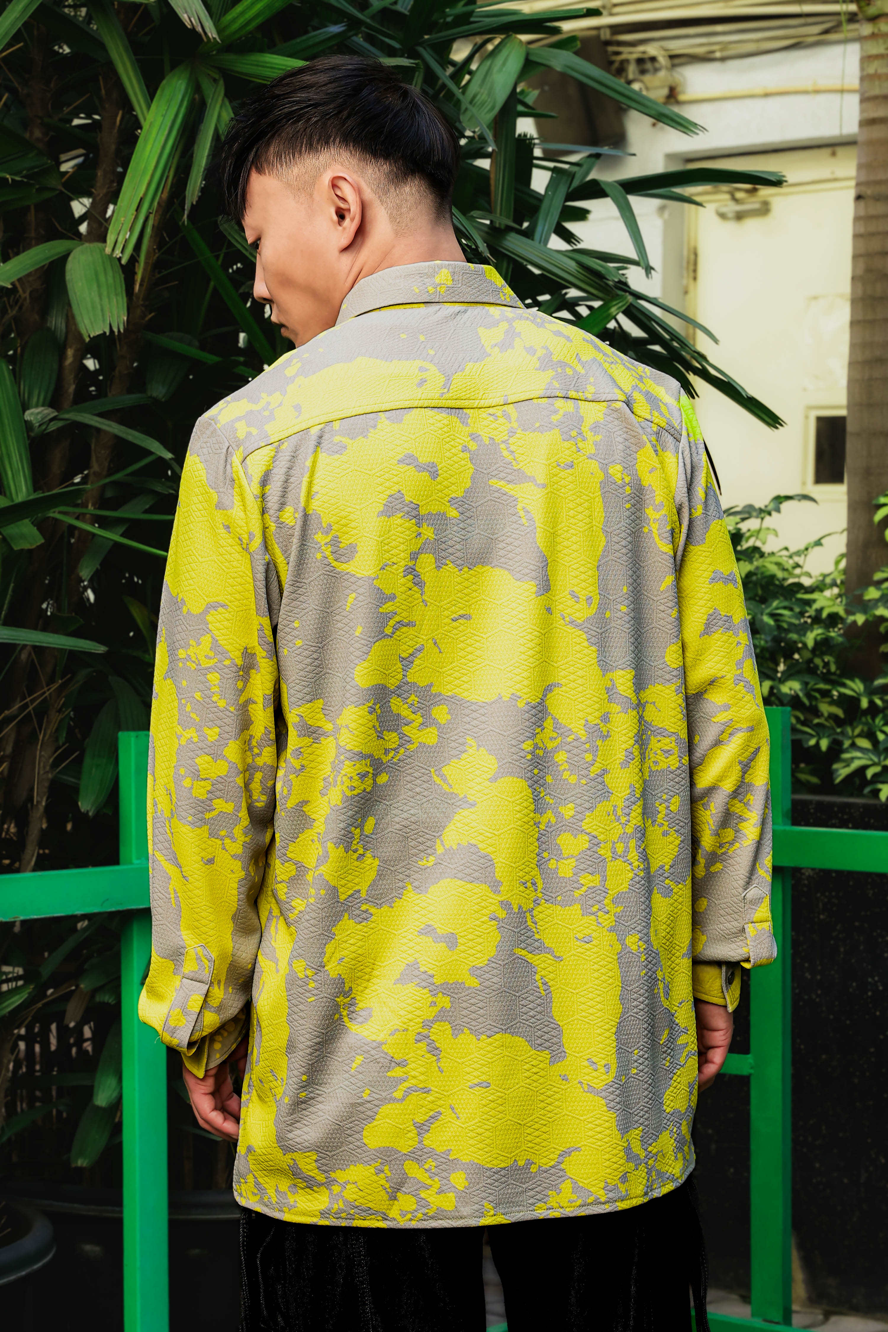 Neon Grey Splatter Abstract Print Textured Drop-Shoulder Relaxed Fit Shirt Zipper Shacket