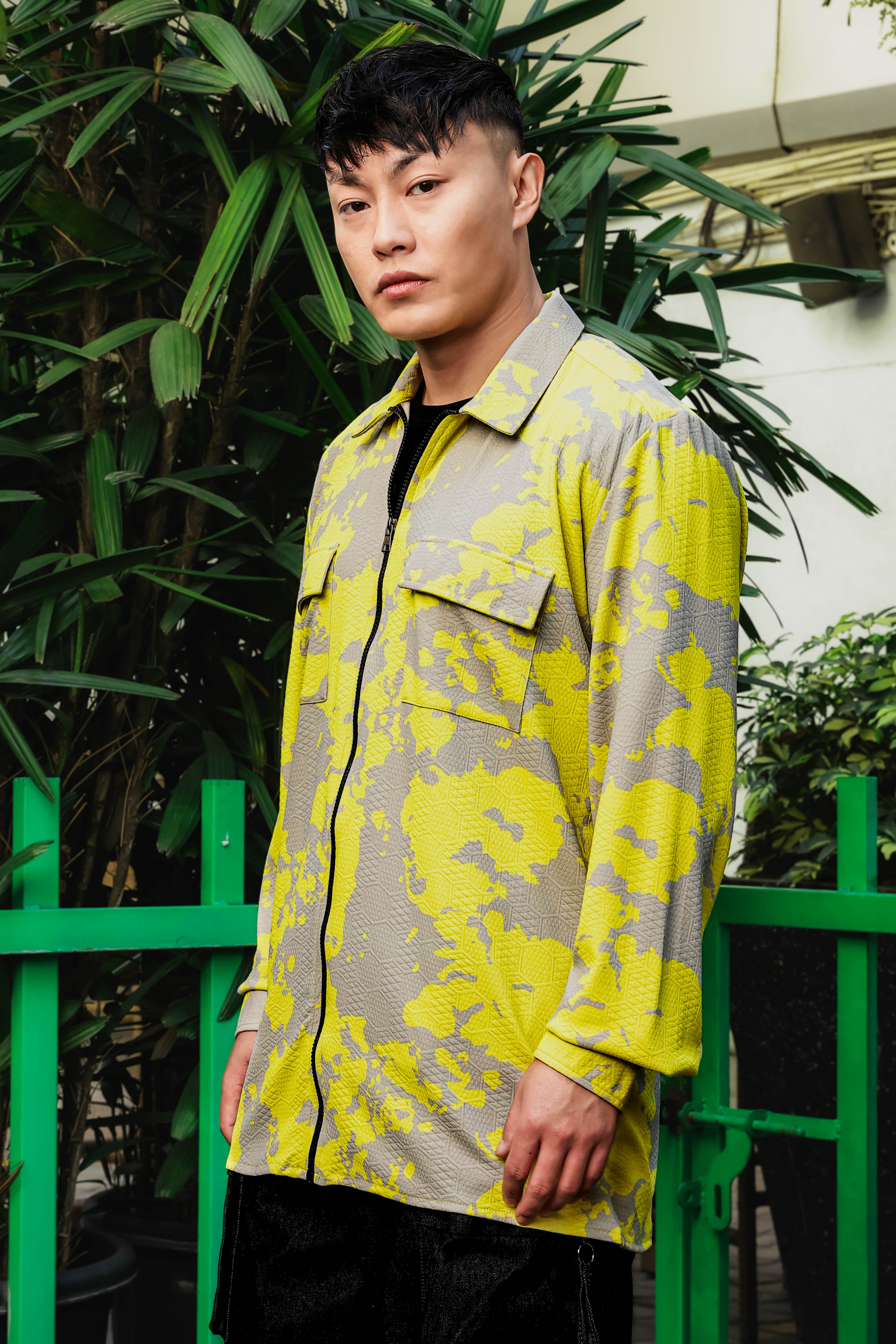 Neon Grey Splatter Abstract Print Textured Drop-Shoulder Relaxed Fit Shirt Zipper Shacket