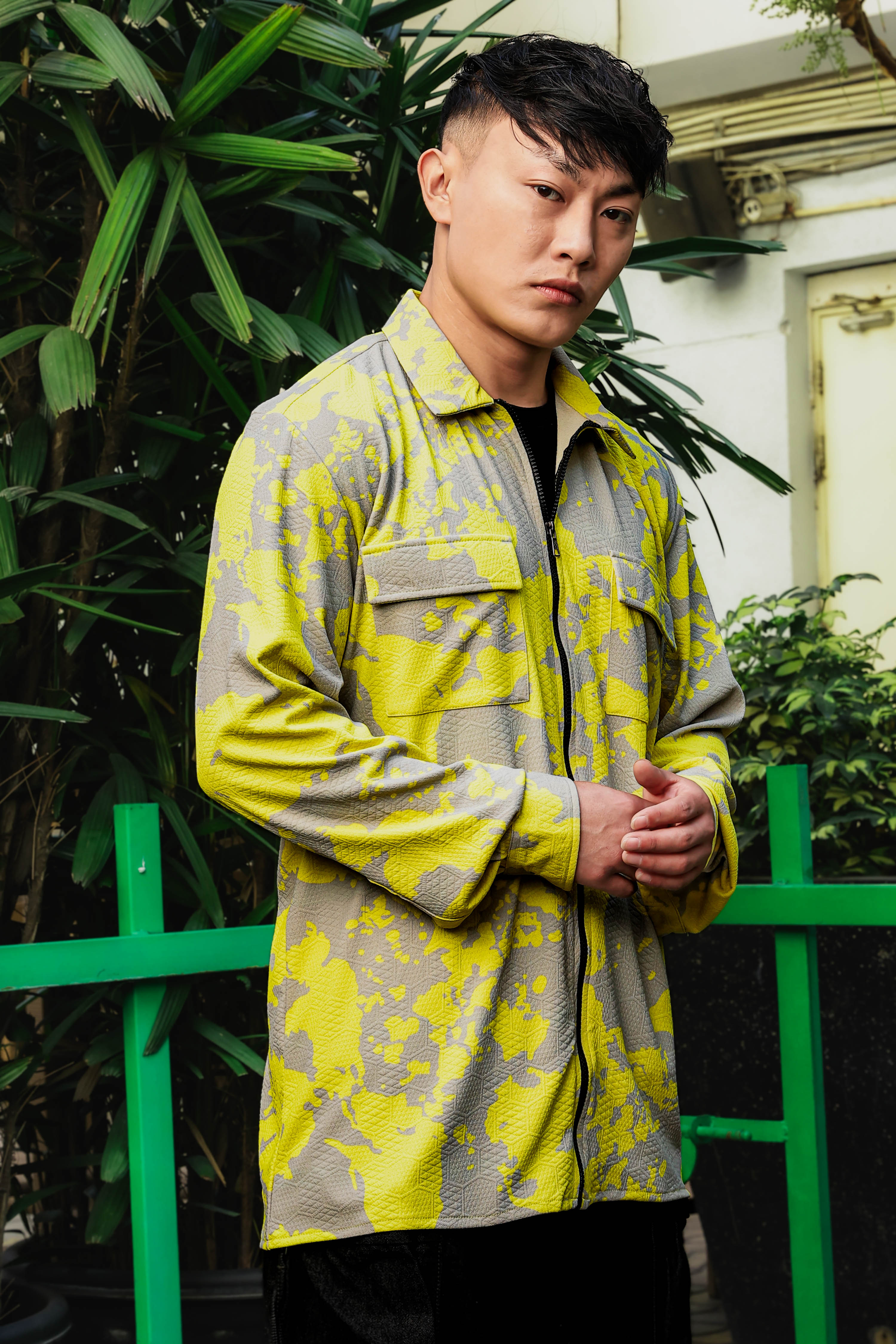 Neon Grey Splatter Abstract Print Textured Drop-Shoulder Relaxed Fit Shirt Zipper Shacket