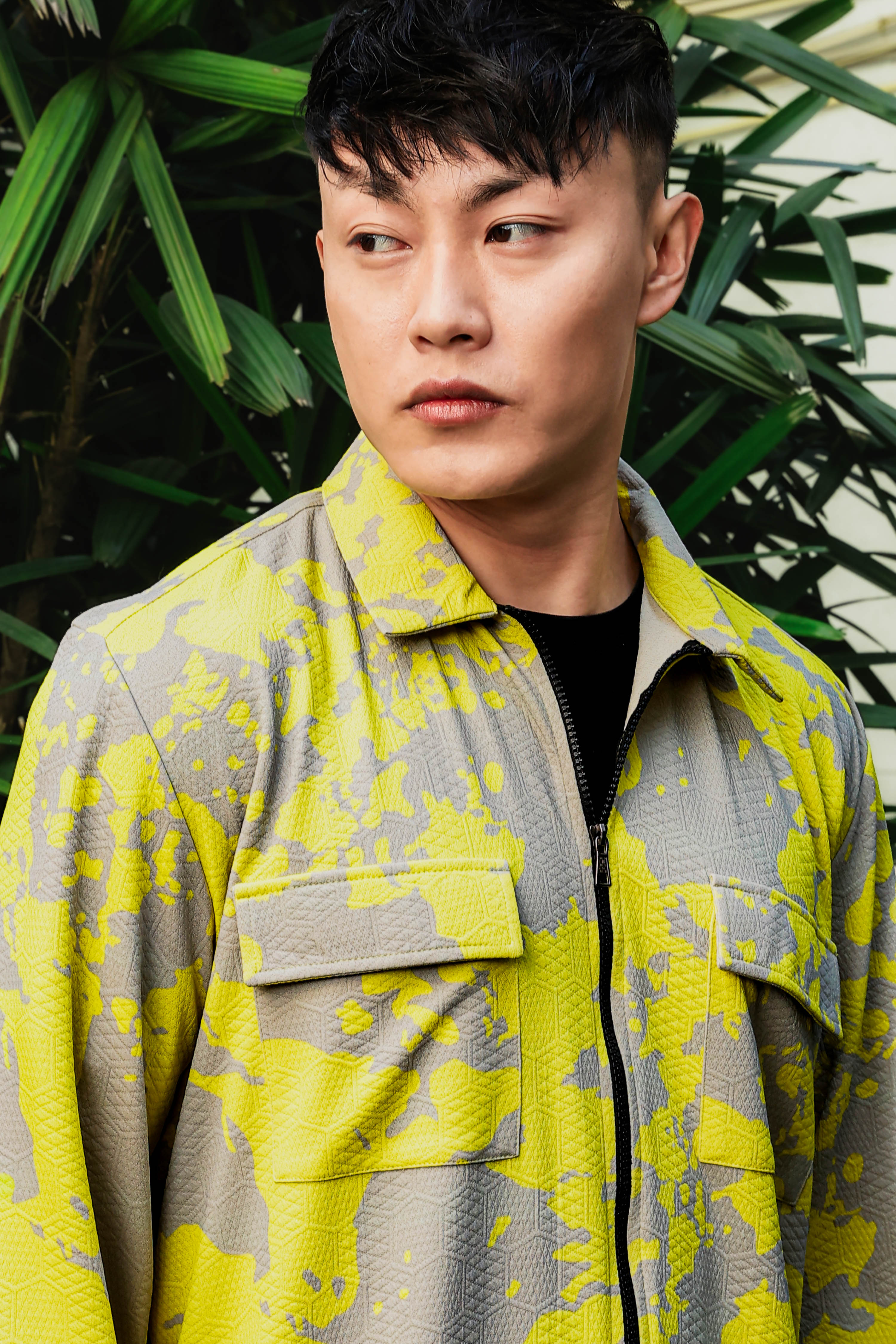 Neon Grey Splatter Abstract Print Textured Drop-Shoulder Relaxed Fit Shirt Zipper Shacket