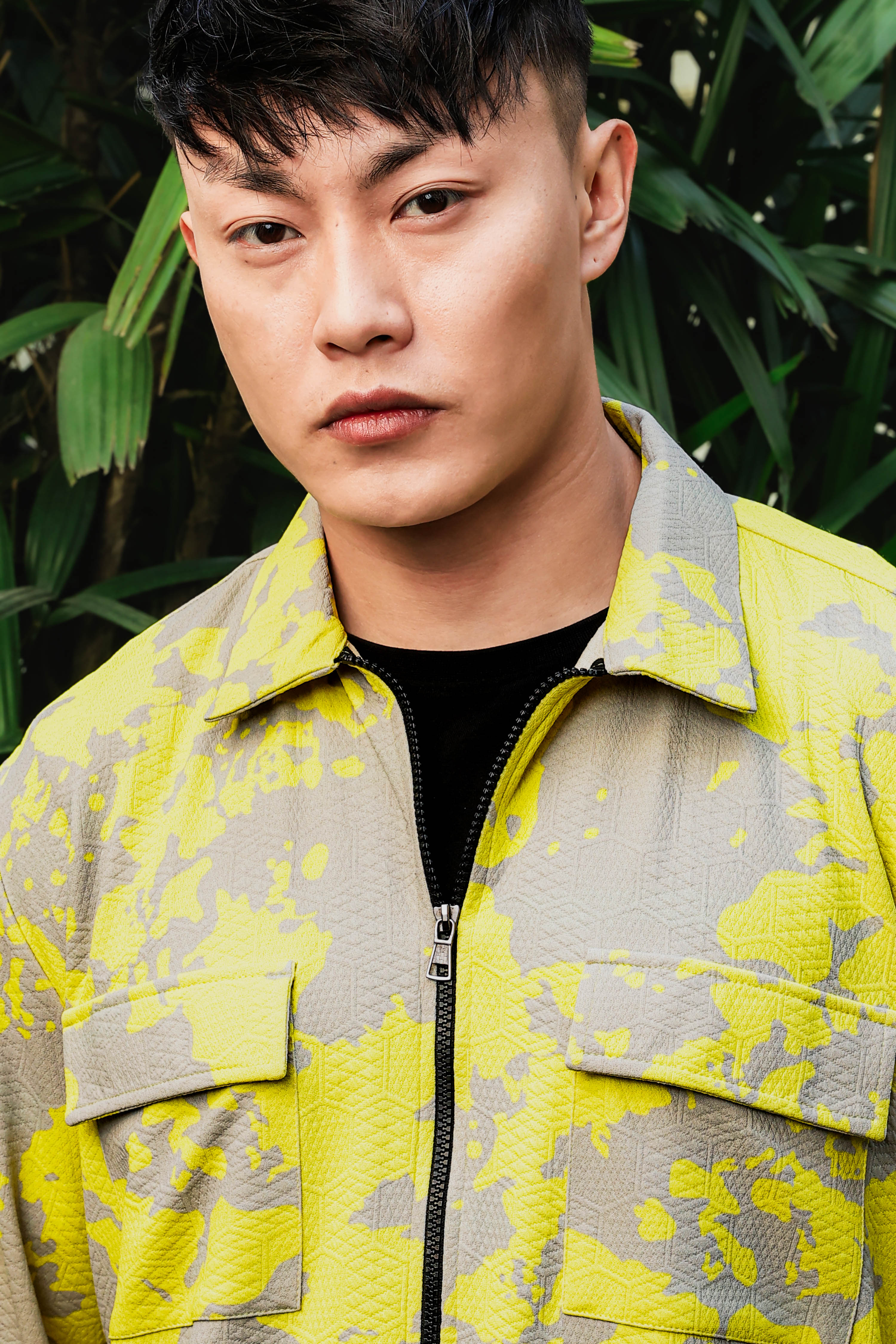 Neon Grey Splatter Abstract Print Textured Drop-Shoulder Relaxed Fit Shirt Zipper Shacket