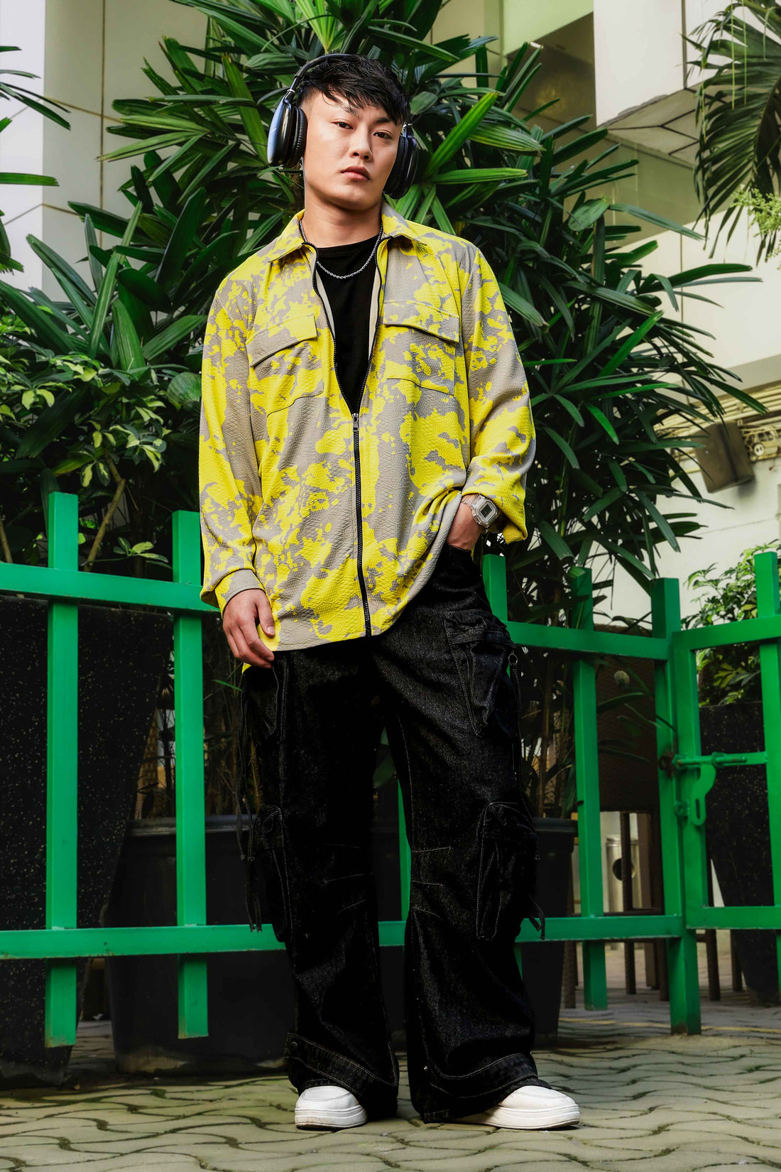 Neon Grey Splatter Abstract Print Textured Drop-Shoulder Relaxed Fit Shirt Zipper Shacket