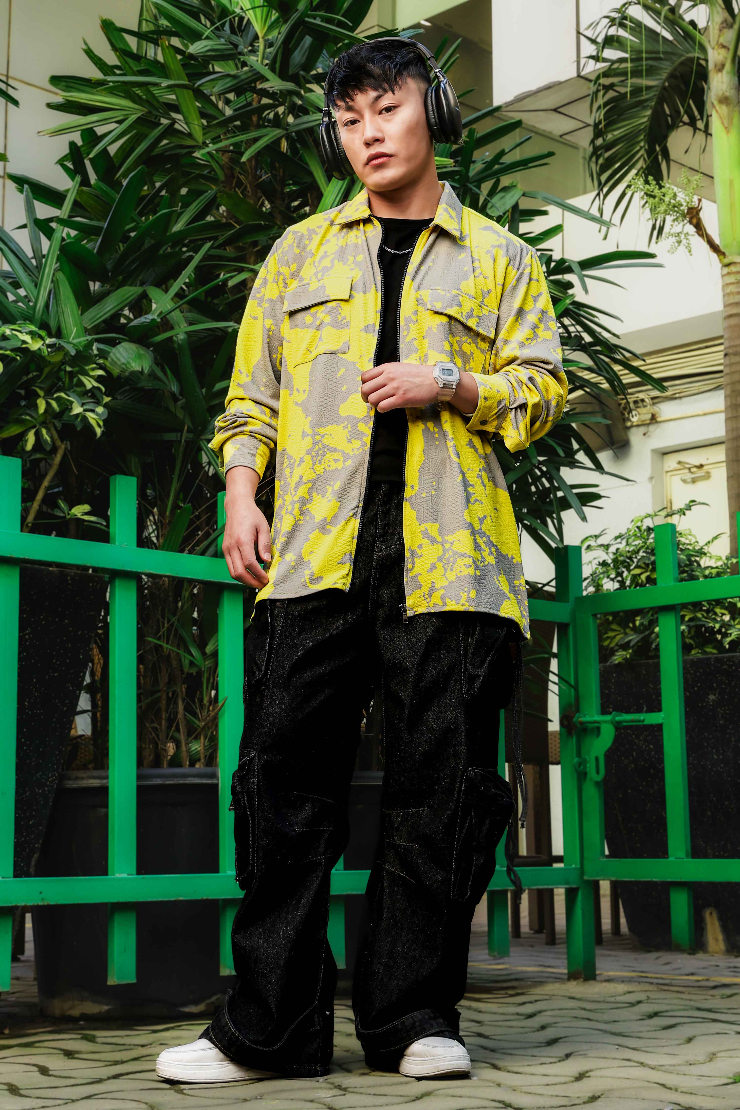 Neon Grey Splatter Abstract Print Textured Drop-Shoulder Relaxed Fit Shirt Zipper Shacket