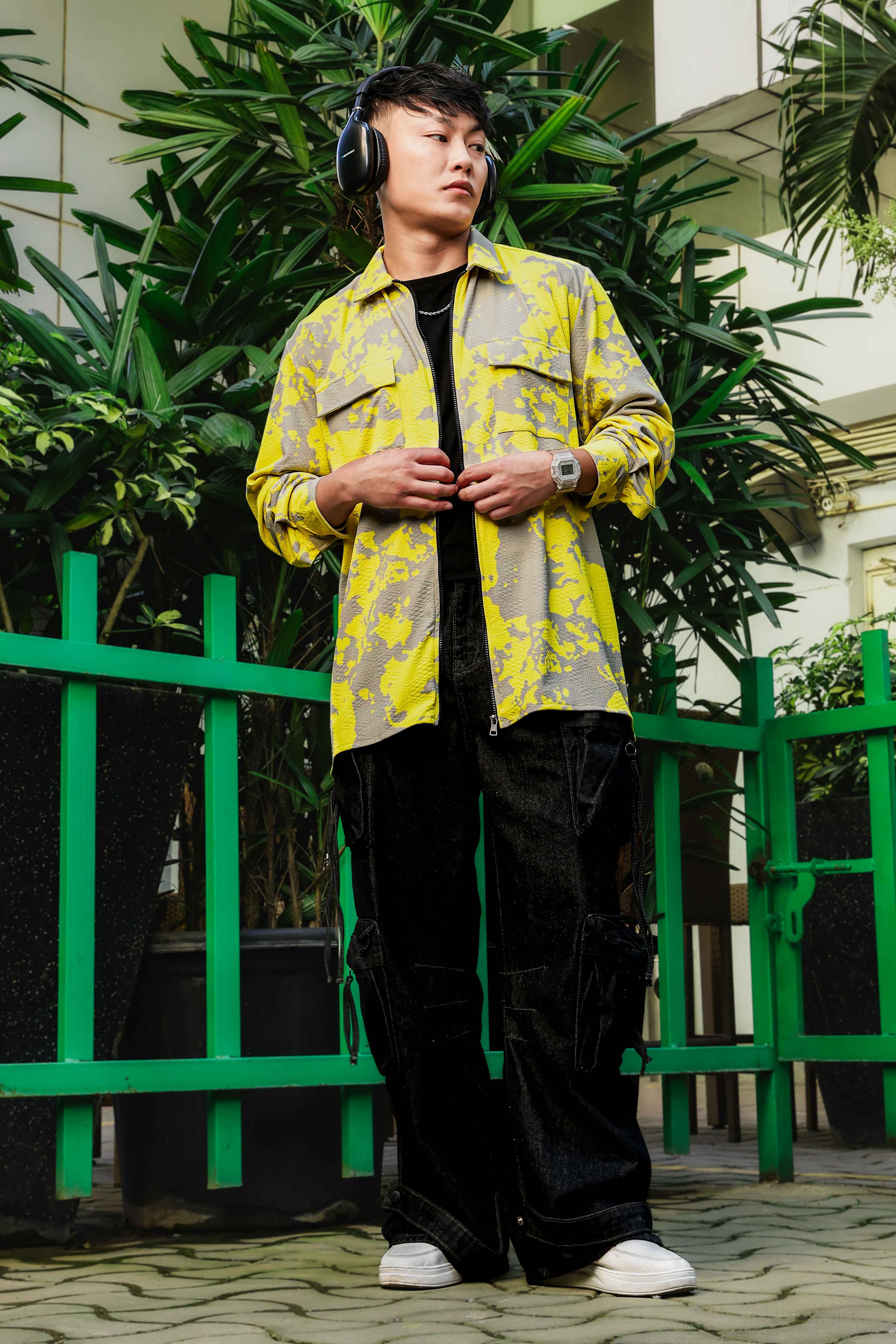 Neon Grey Splatter Abstract Print Textured Drop-Shoulder Relaxed Fit Shirt Zipper Shacket