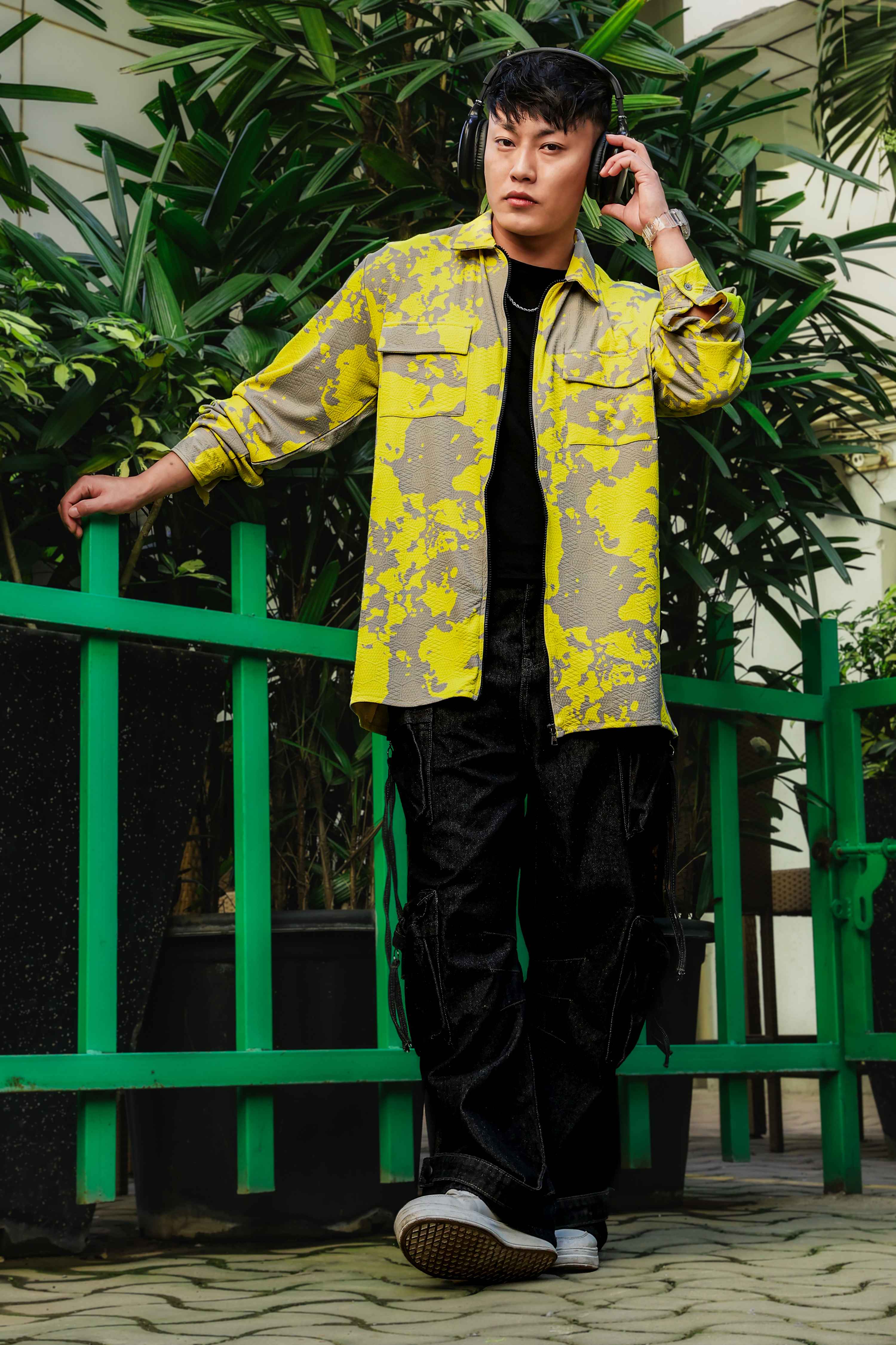 Neon Grey Splatter Abstract Print Textured Drop-Shoulder Relaxed Fit Shirt Zipper Shacket