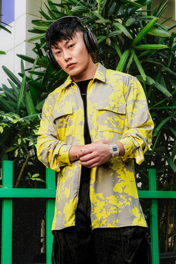 Neon Grey Splatter Abstract Print Textured Drop-Shoulder Relaxed Fit Shirt Zipper Shacket