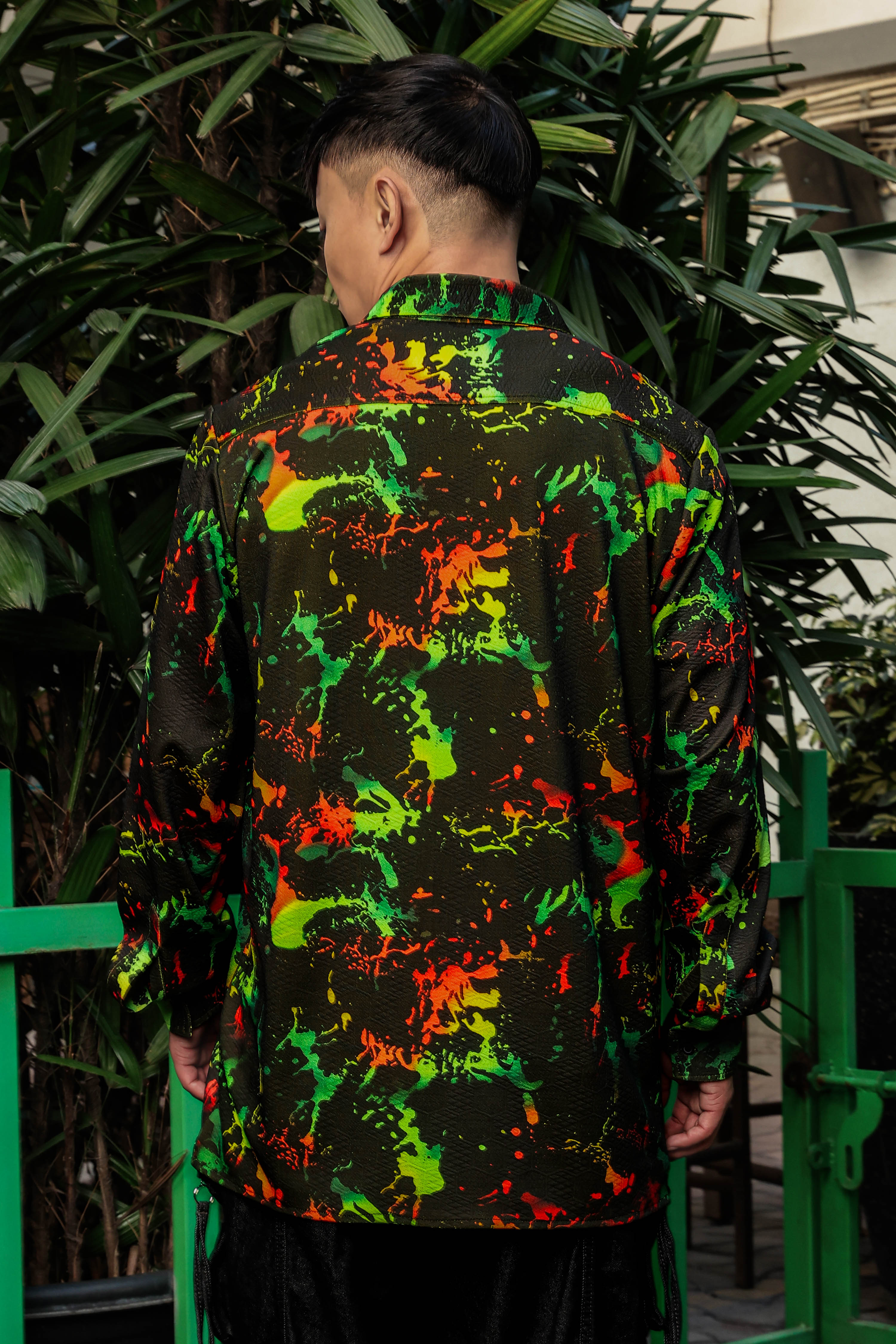 Black Abstract Printed Drop-Shoulder Relaxed Fit Shirt Zipper Shacket