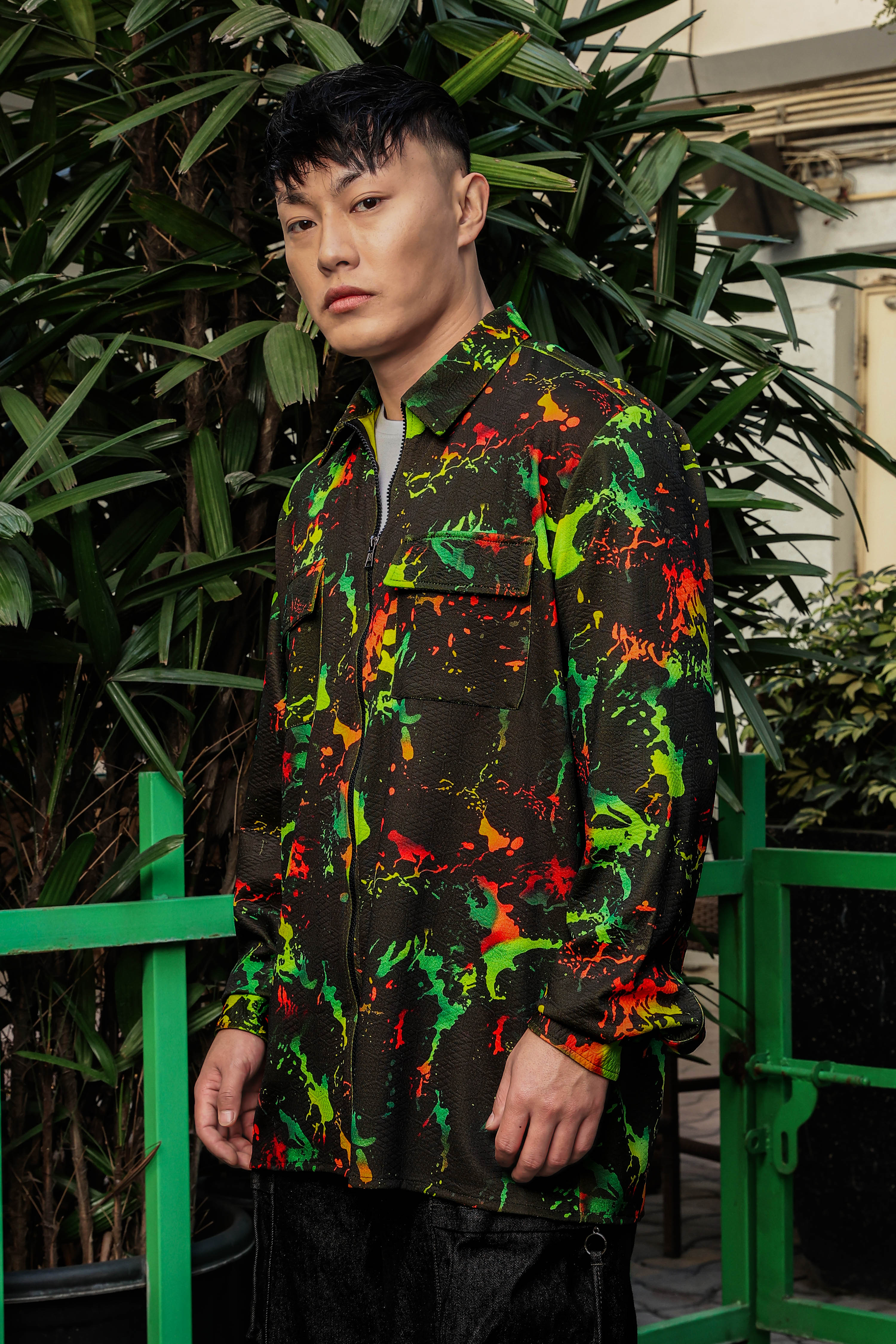 Black Abstract Printed Drop-Shoulder Relaxed Fit Shirt Zipper Shacket