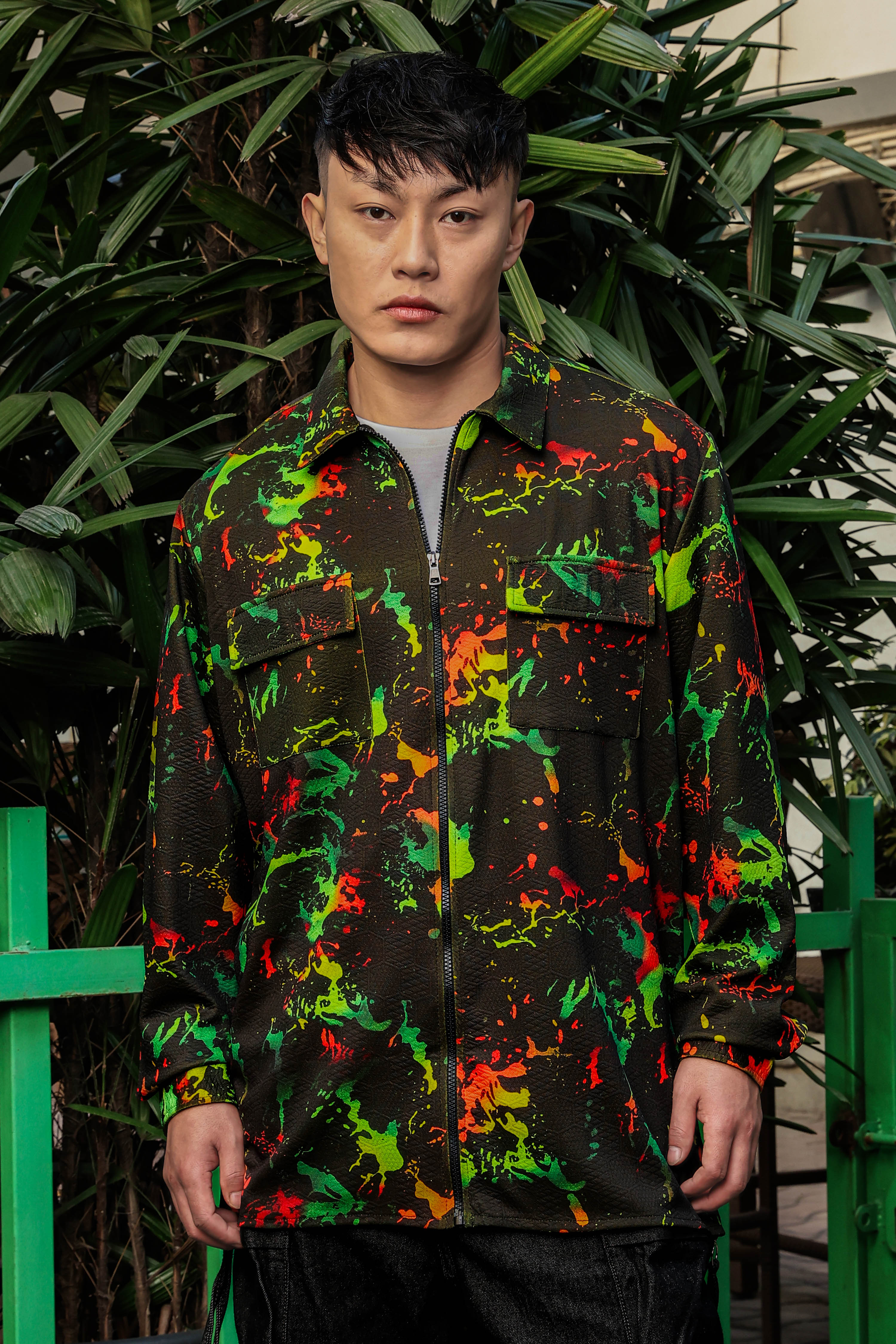 Black Abstract Printed Drop-Shoulder Relaxed Fit Shirt Zipper Shacket