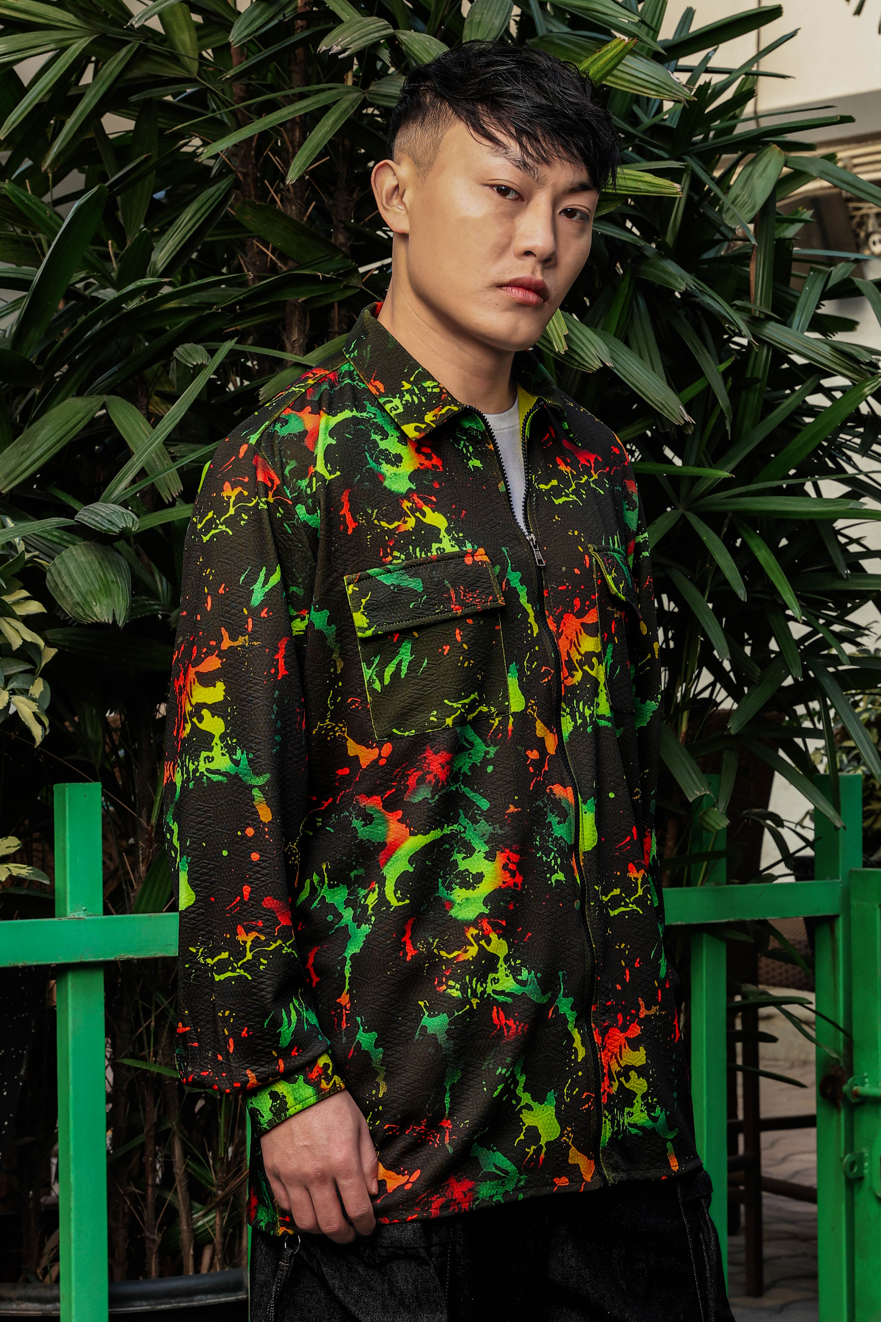 Black Abstract Printed Drop-Shoulder Relaxed Fit Shirt Zipper Shacket