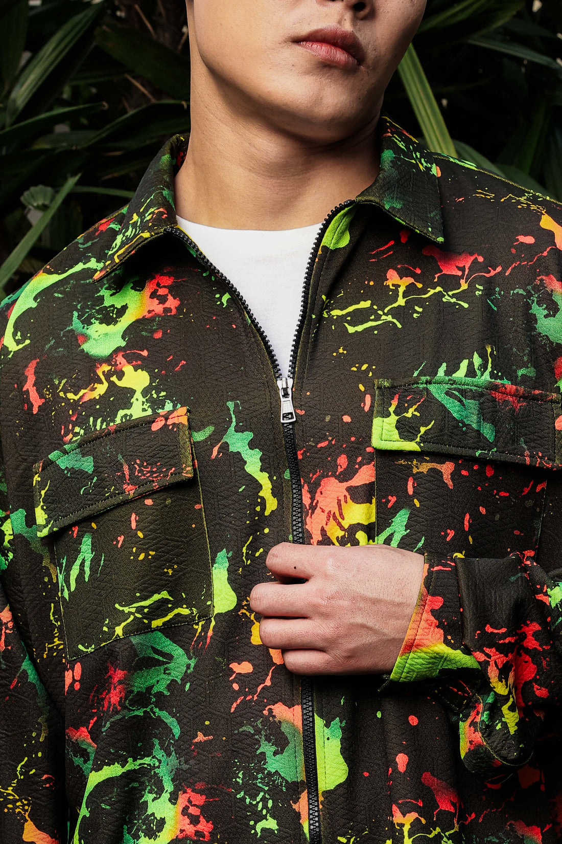 Black Abstract Printed Drop-Shoulder Relaxed Fit Shirt Zipper Shacket