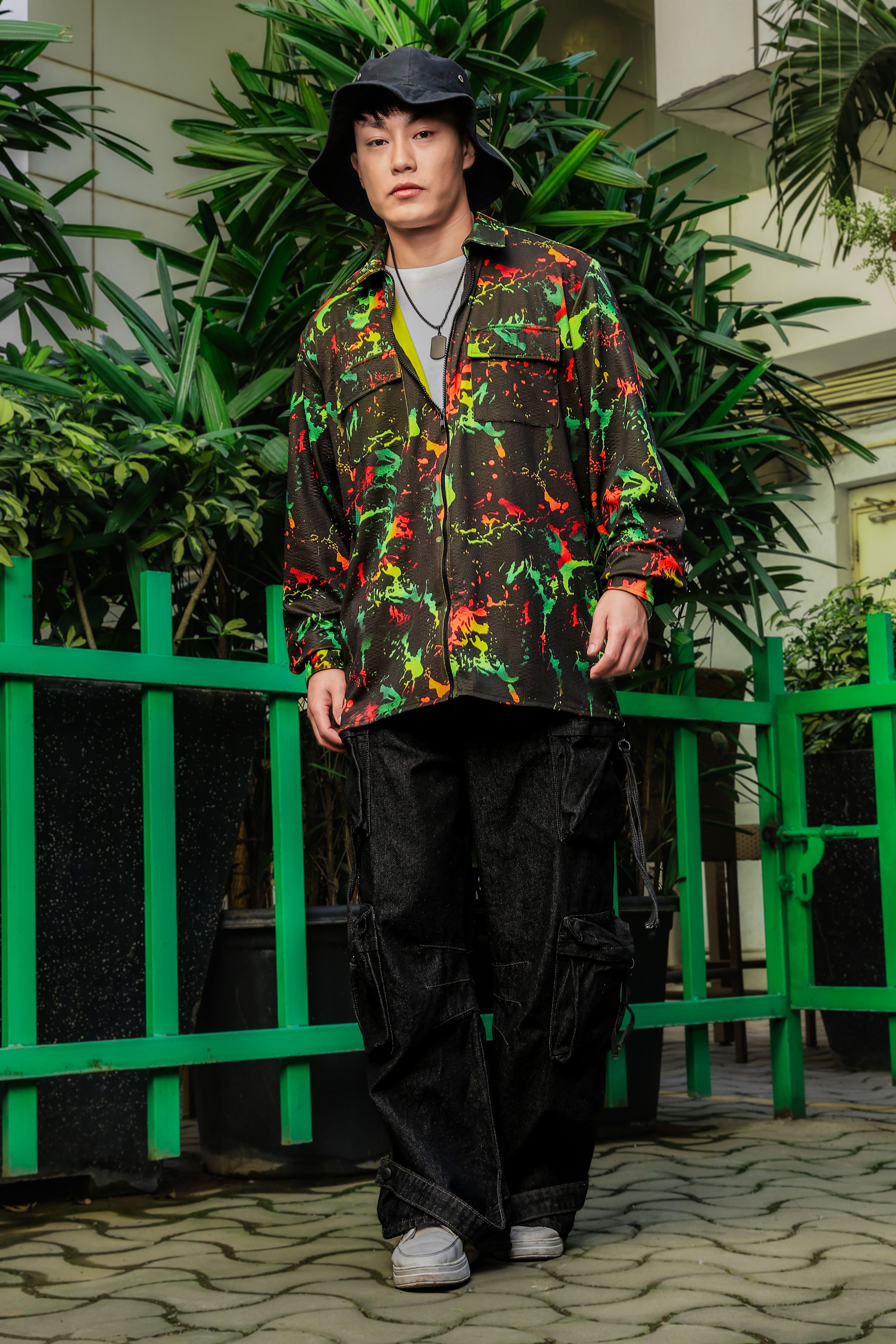 Black Abstract Printed Drop-Shoulder Relaxed Fit Shirt Zipper Shacket