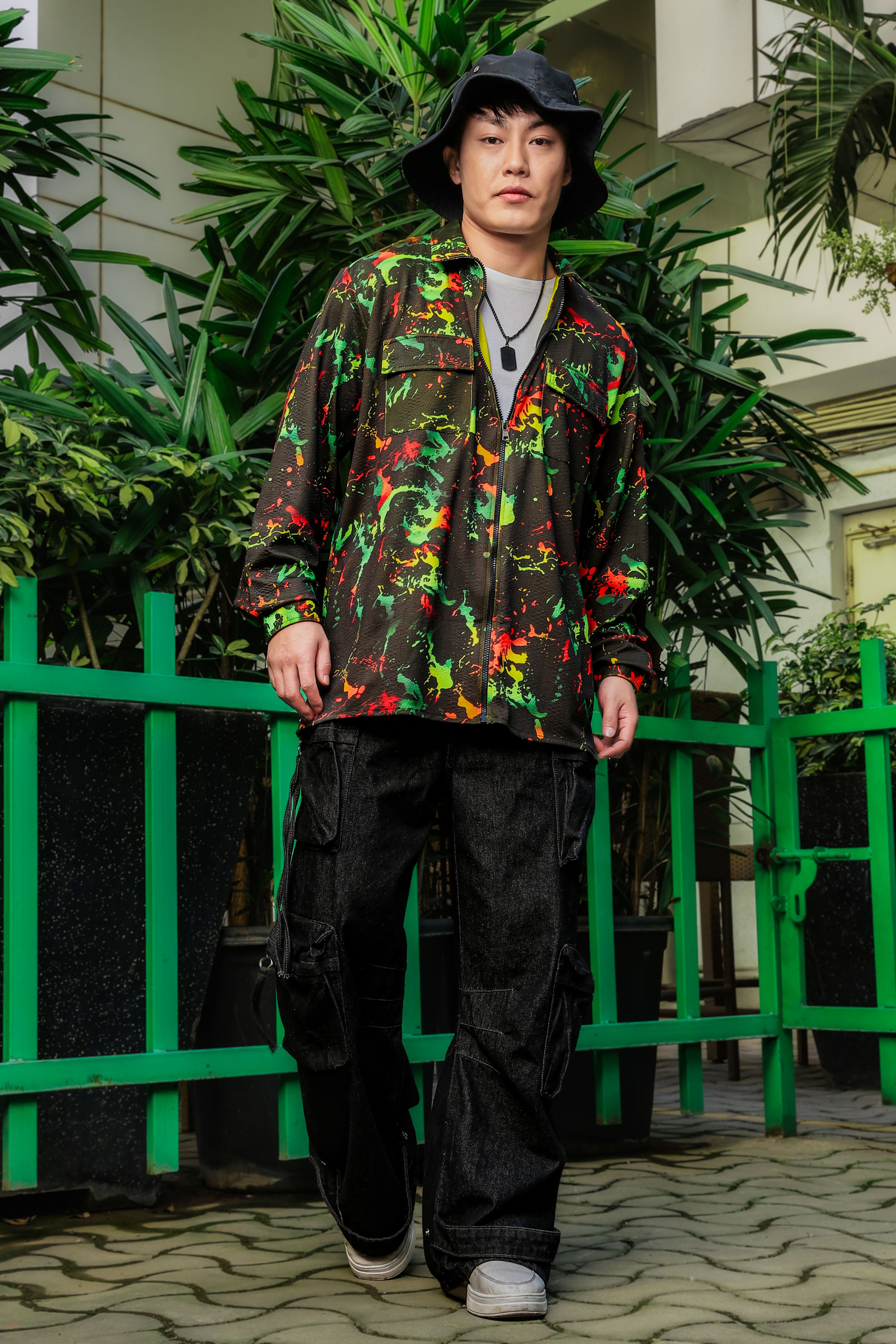 Black Abstract Printed Drop-Shoulder Relaxed Fit Shirt Zipper Shacket