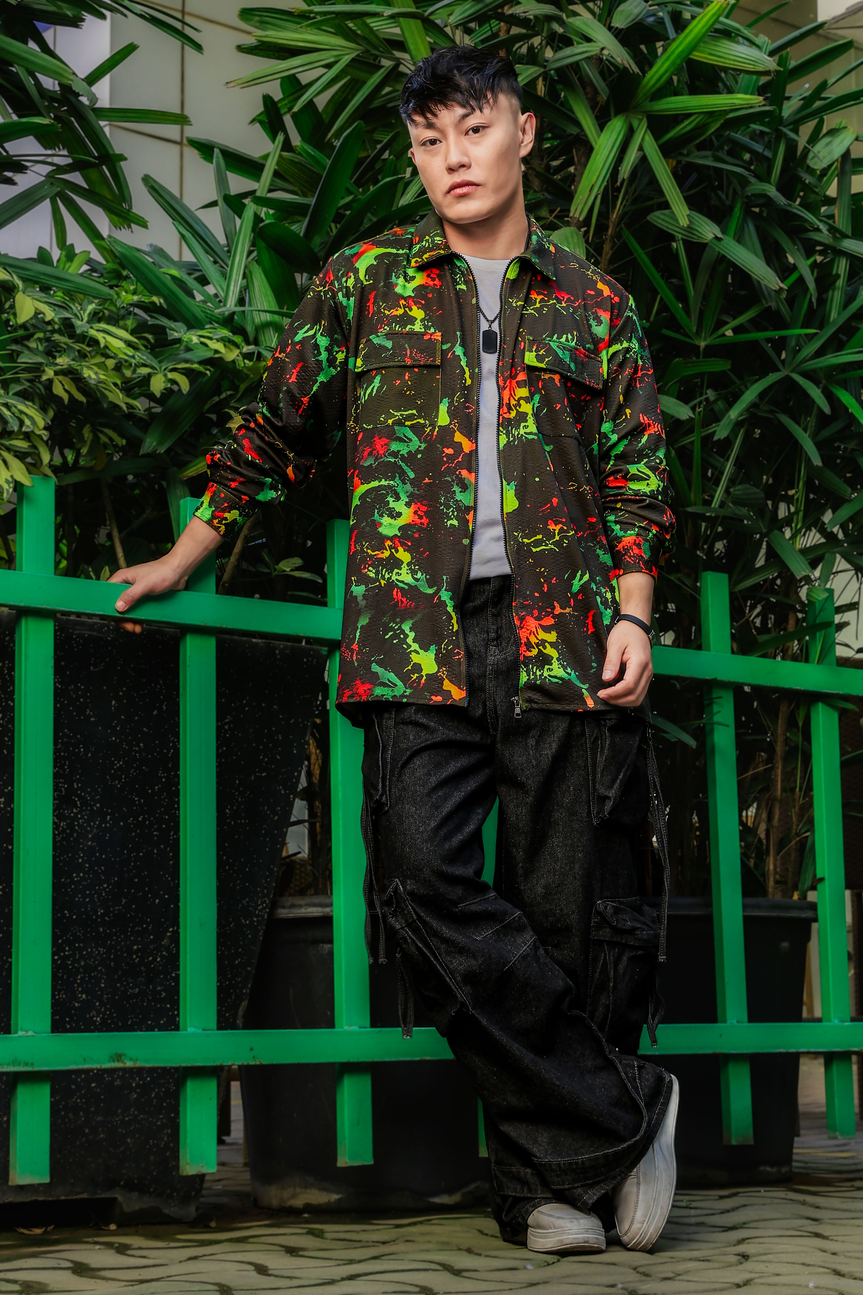 Black Abstract Printed Drop-Shoulder Relaxed Fit Shirt Zipper Shacket