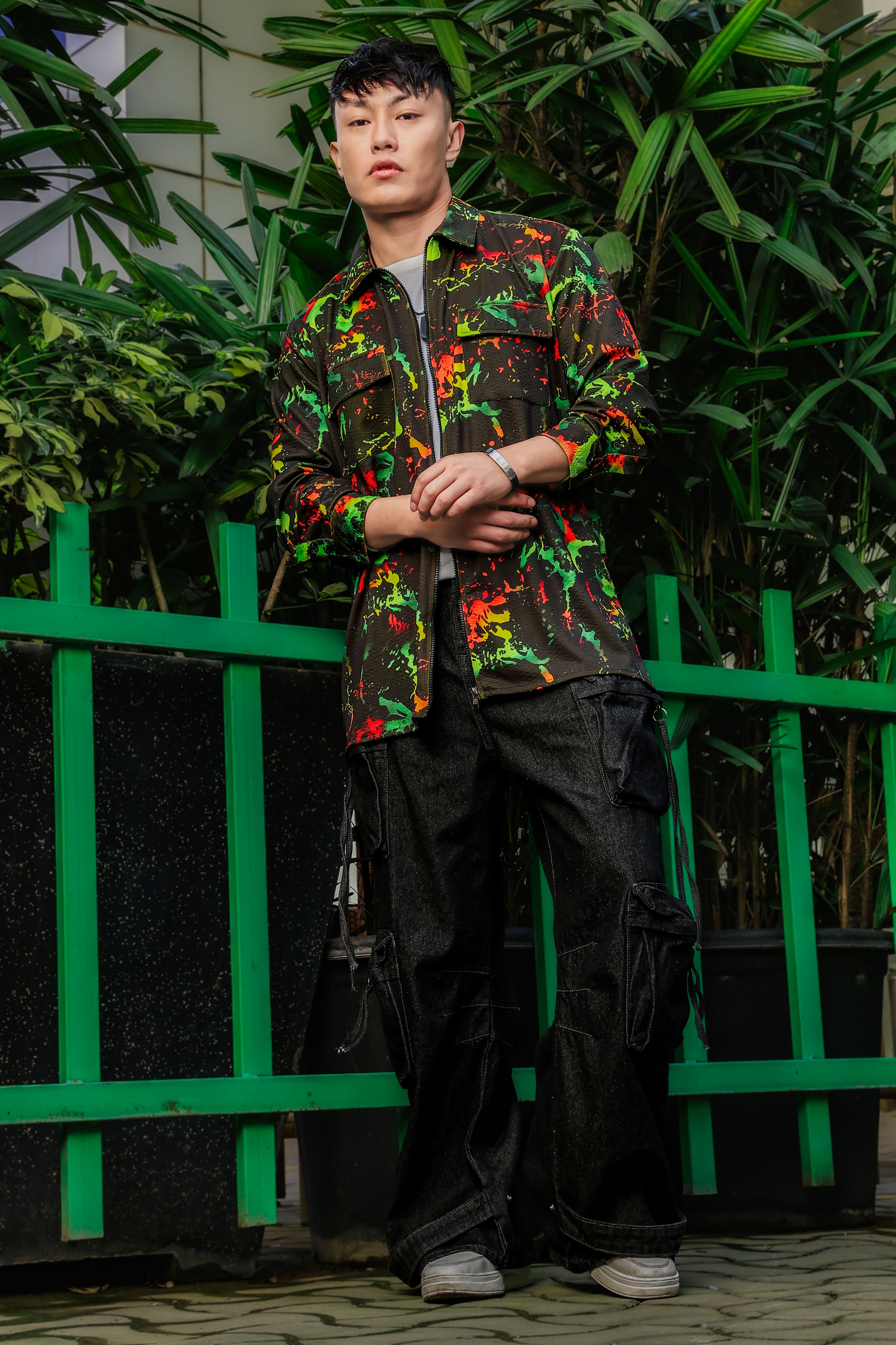 Black Abstract Printed Drop-Shoulder Relaxed Fit Shirt Zipper Shacket