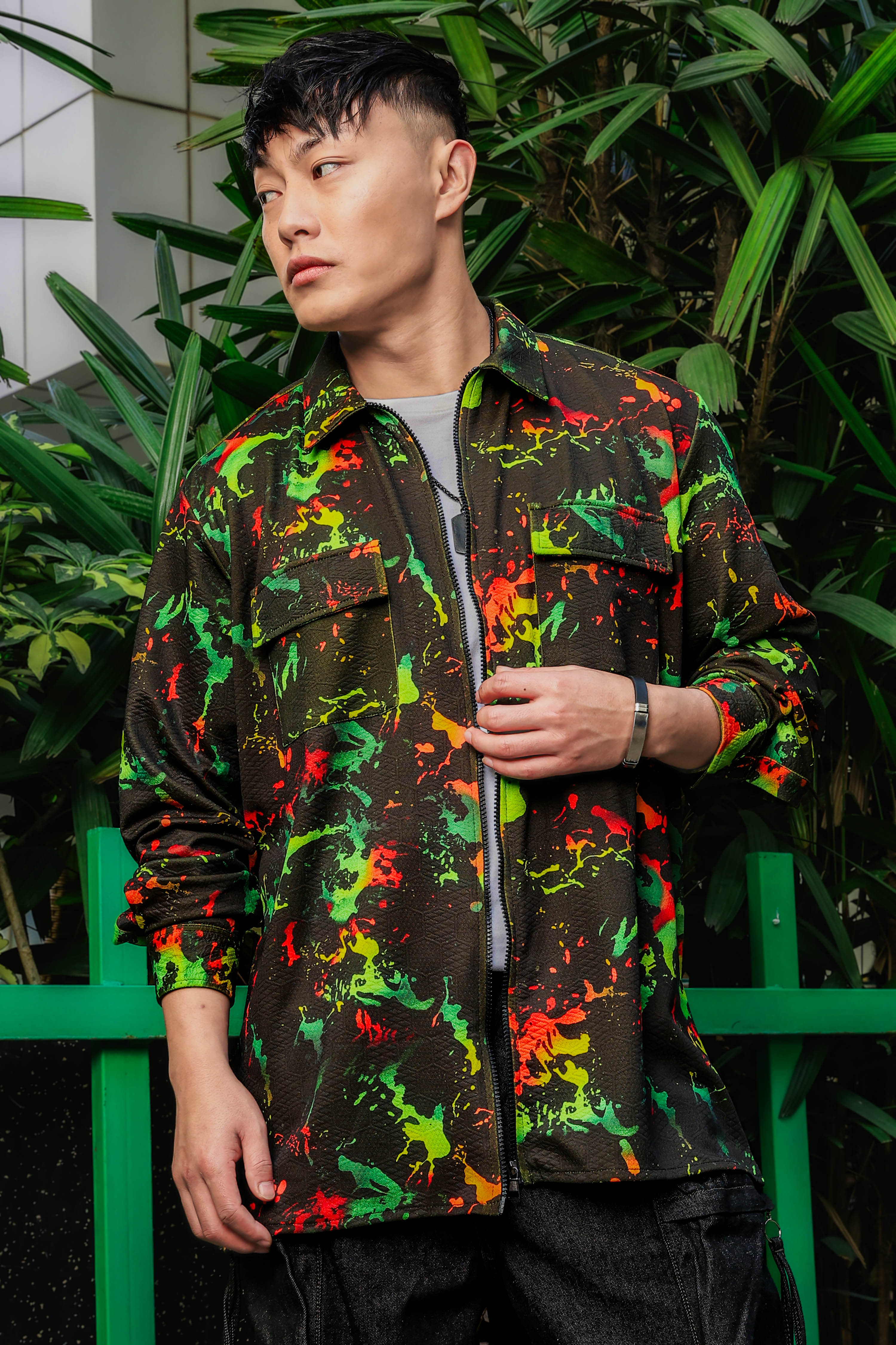 Black Abstract Printed Drop-Shoulder Relaxed Fit Shirt Zipper Shacket