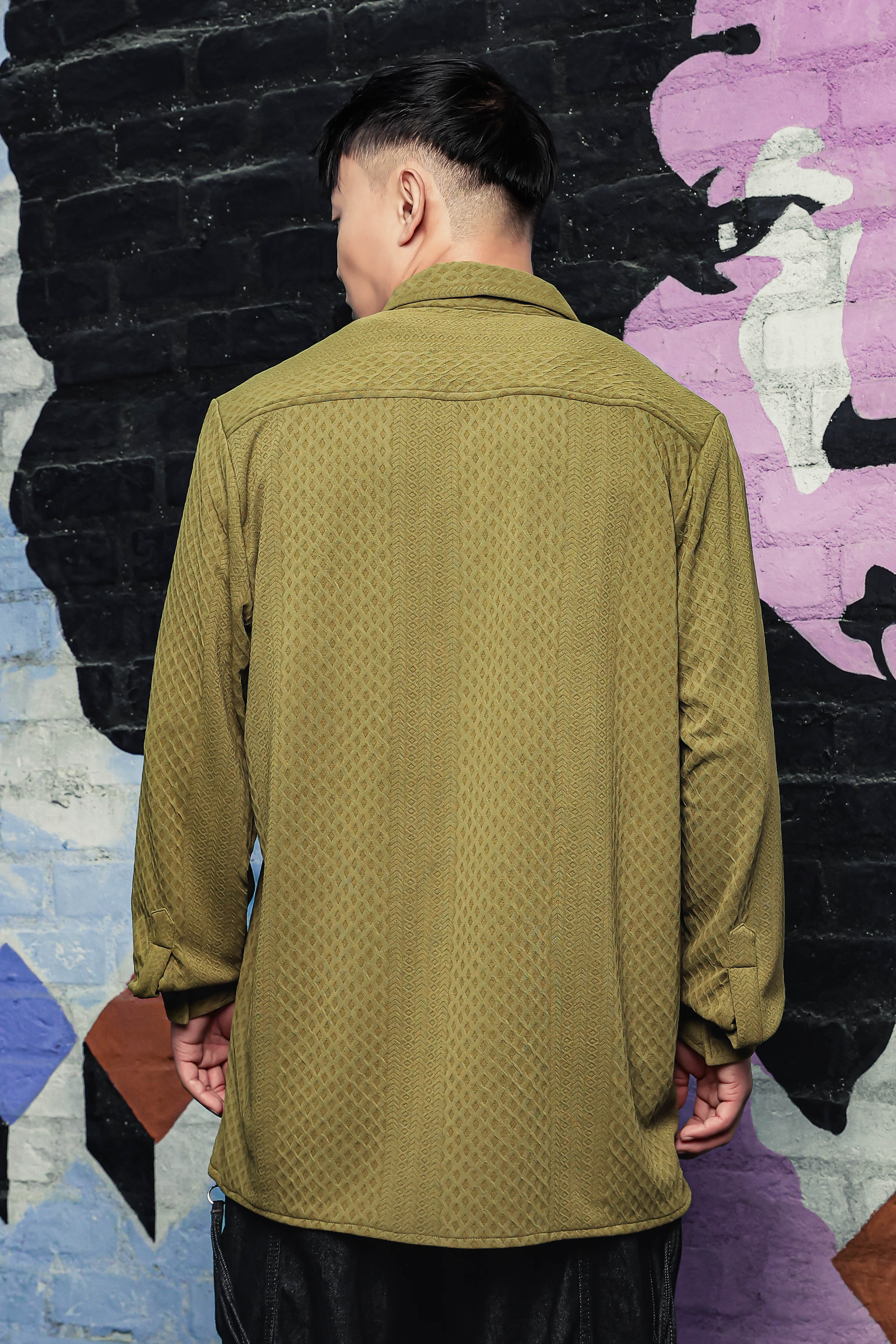 Olive Textured Drop-Shoulder Relaxed Fit Shirt Zipper Shacket