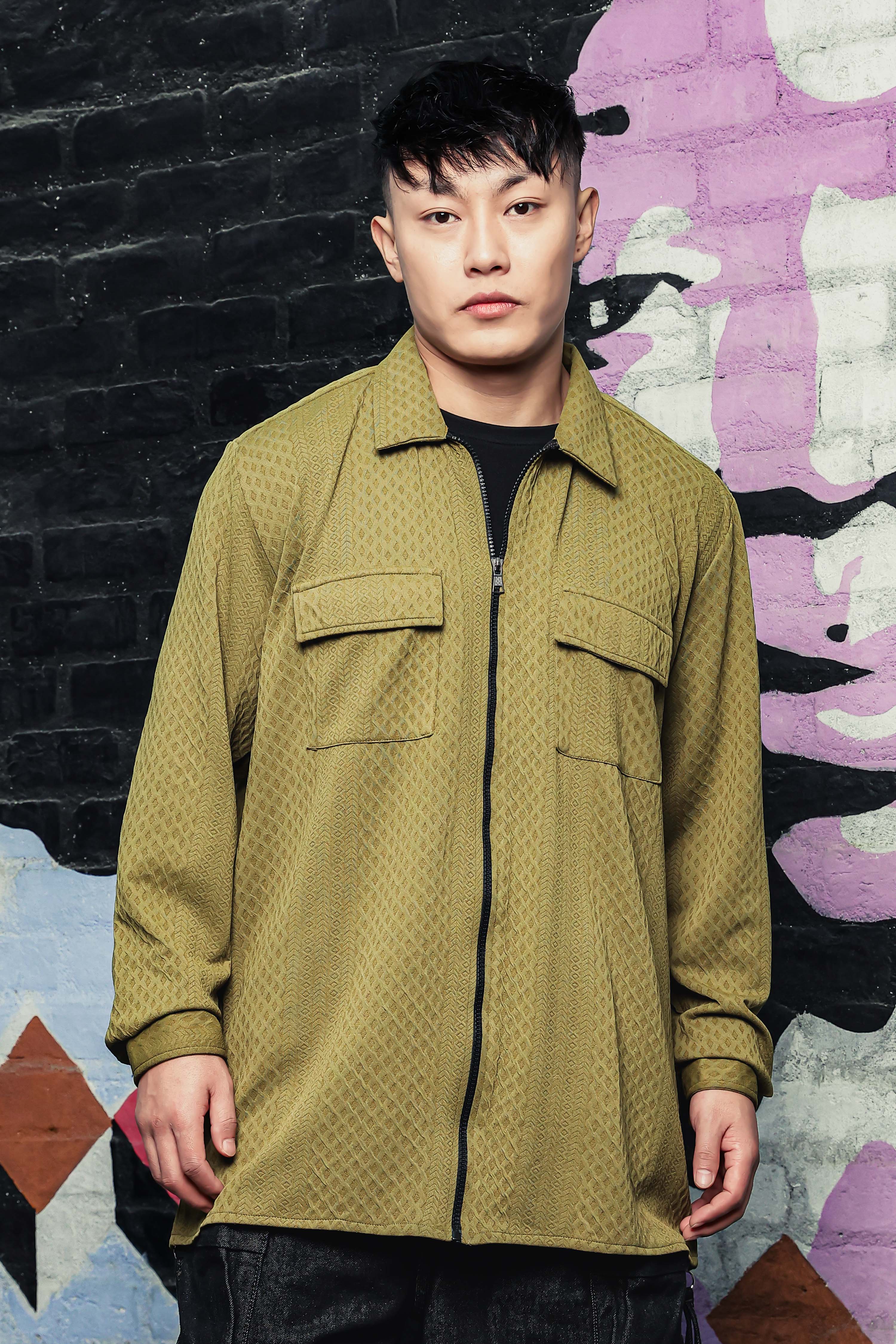 Olive Textured Drop-Shoulder Relaxed Fit Shirt Zipper Shacket