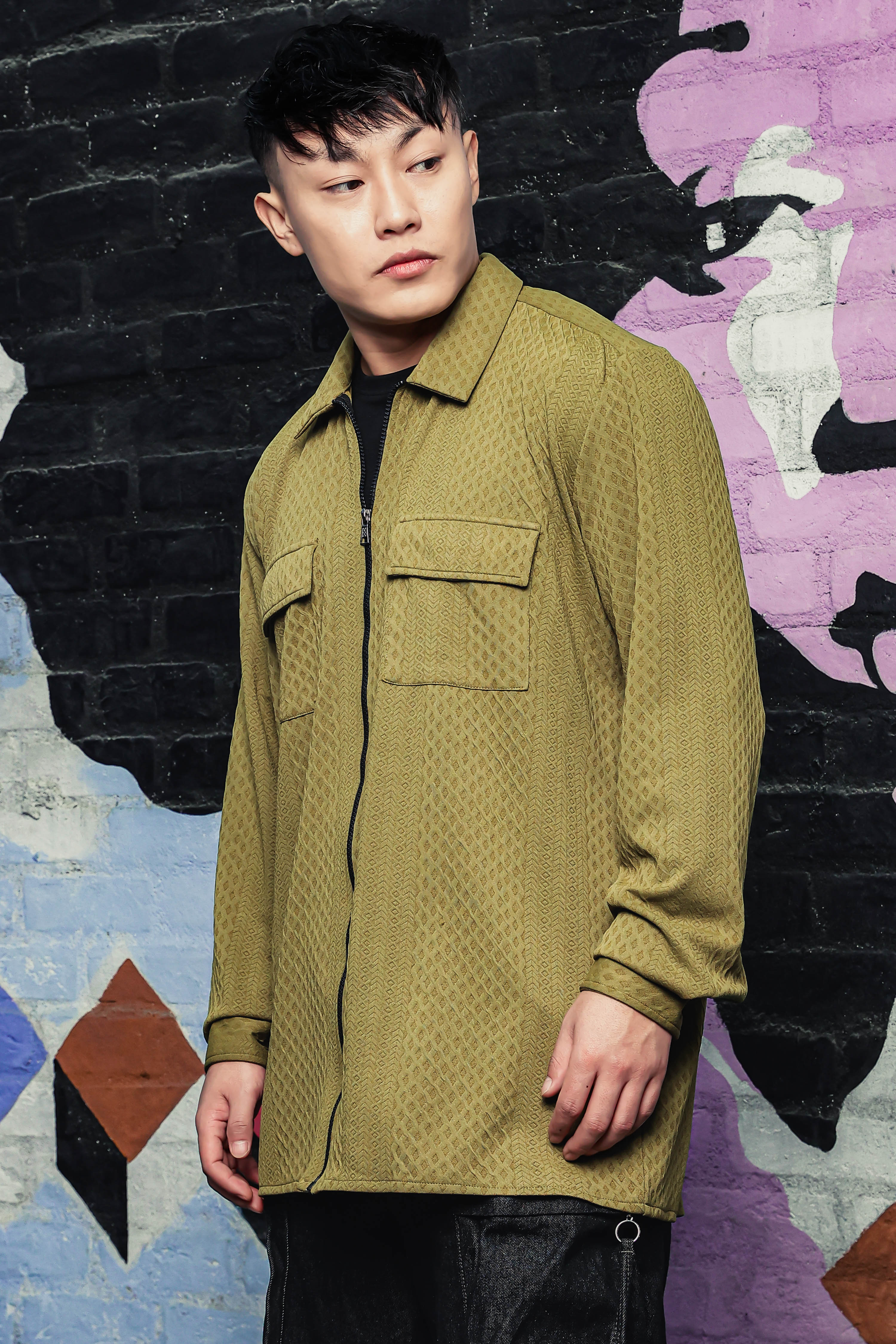 Olive Textured Drop-Shoulder Relaxed Fit Shirt Zipper Shacket