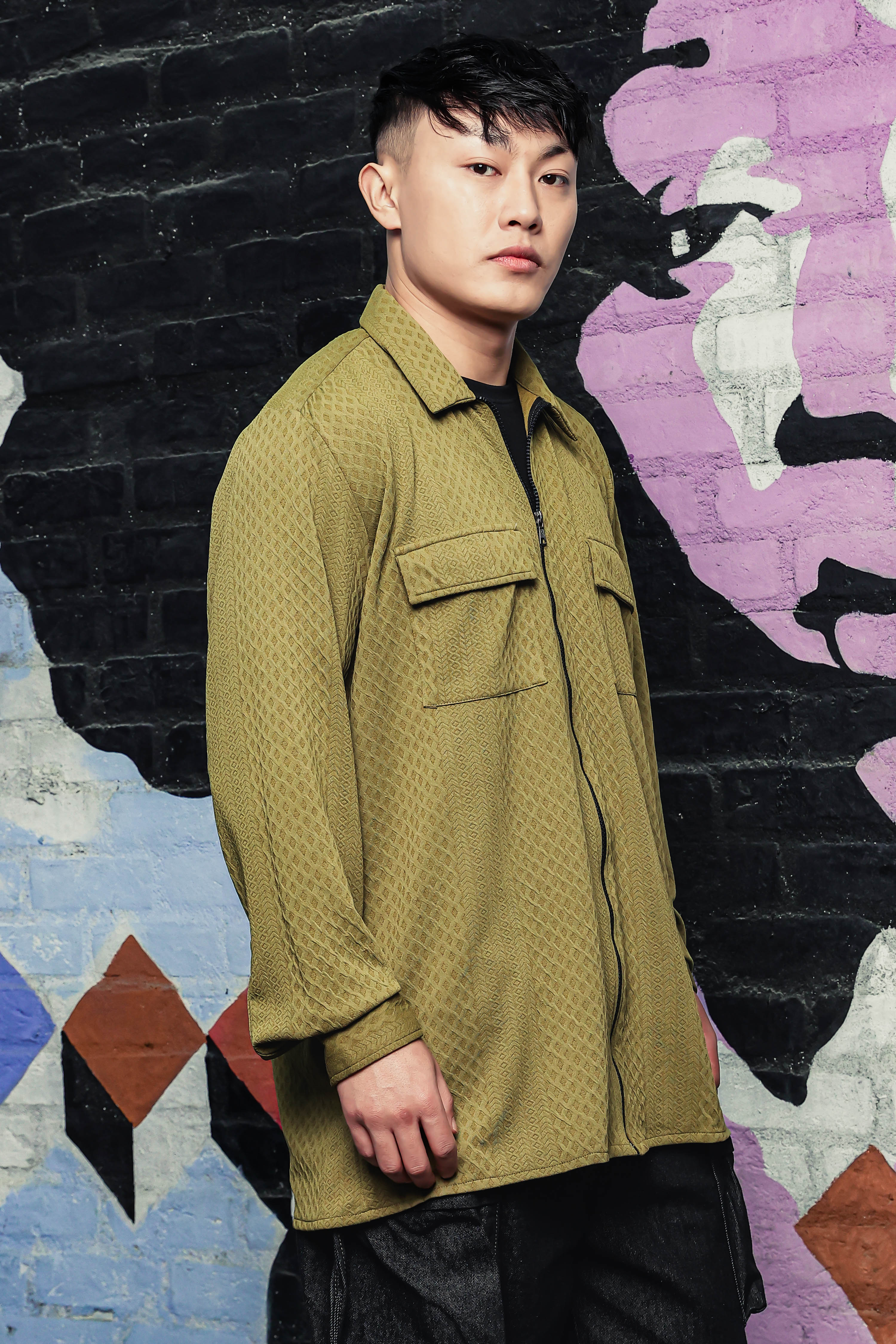 Olive Textured Drop-Shoulder Relaxed Fit Shirt Zipper Shacket