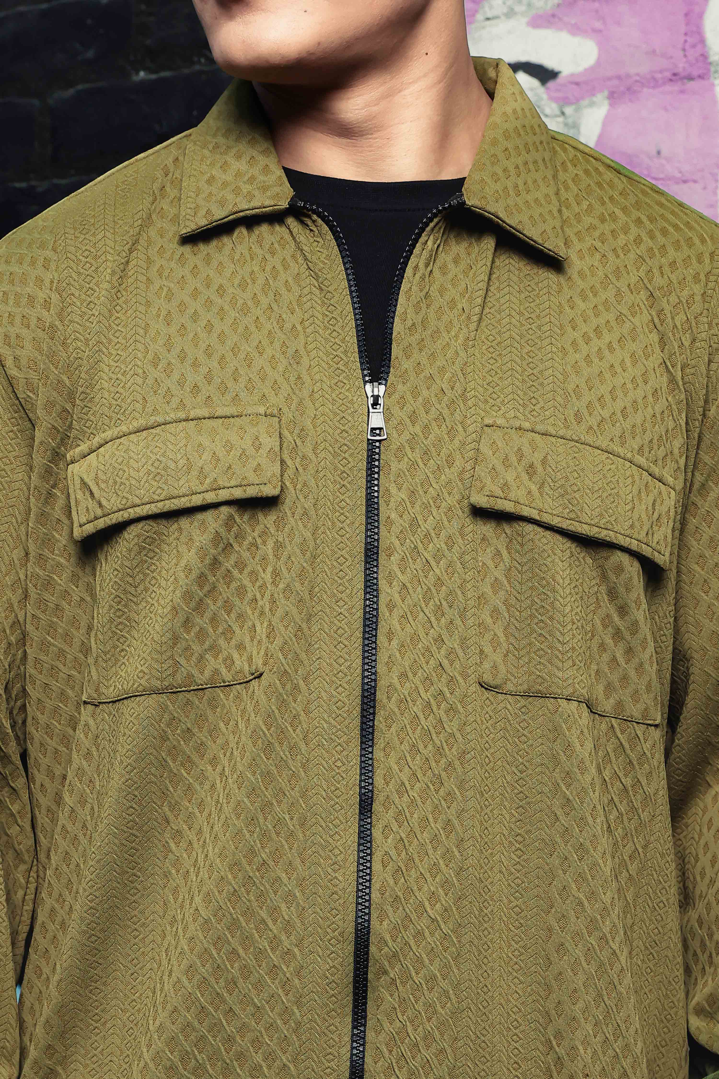 Olive Textured Drop-Shoulder Relaxed Fit Shirt Zipper Shacket