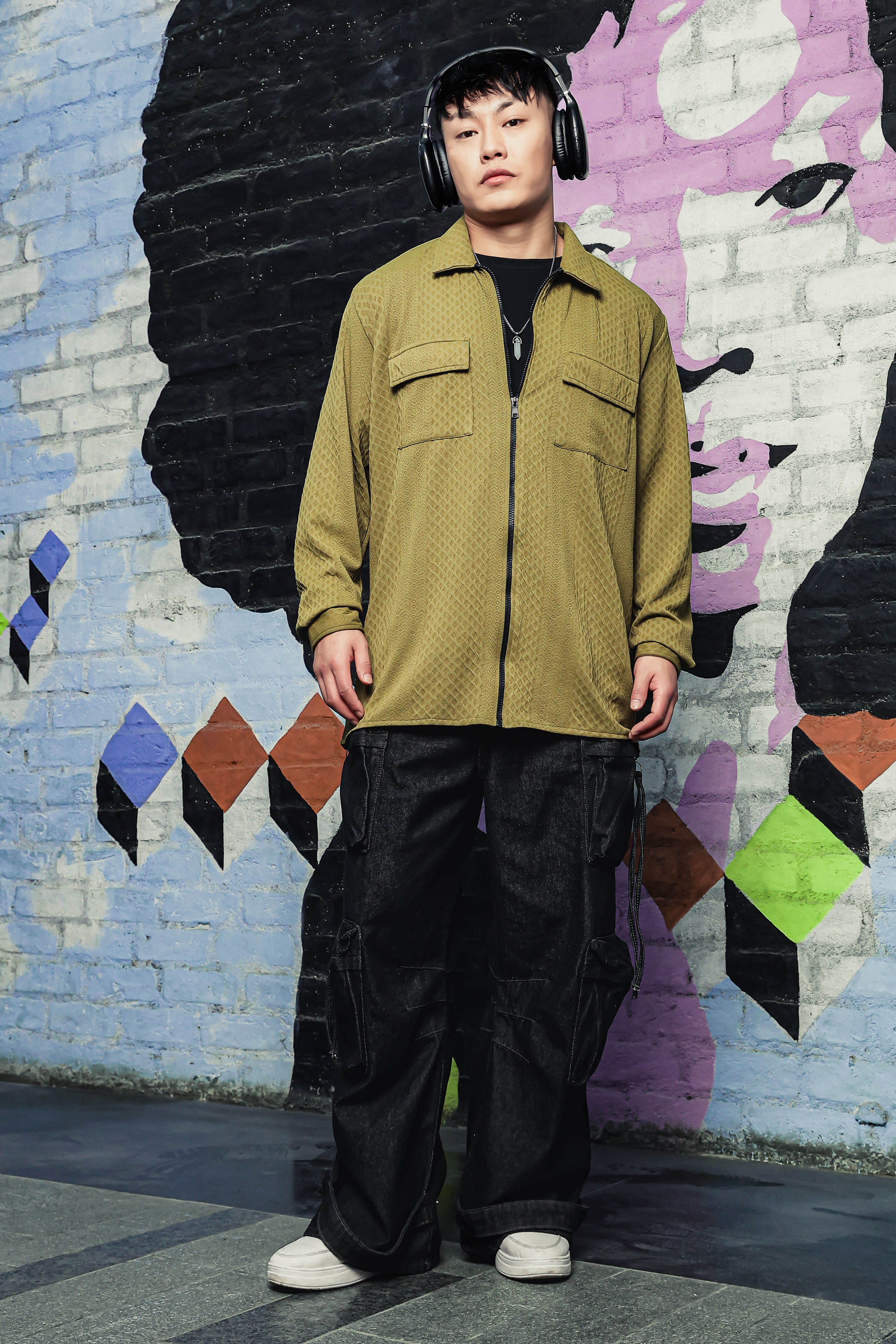 Olive Textured Drop-Shoulder Relaxed Fit Shirt Zipper Shacket