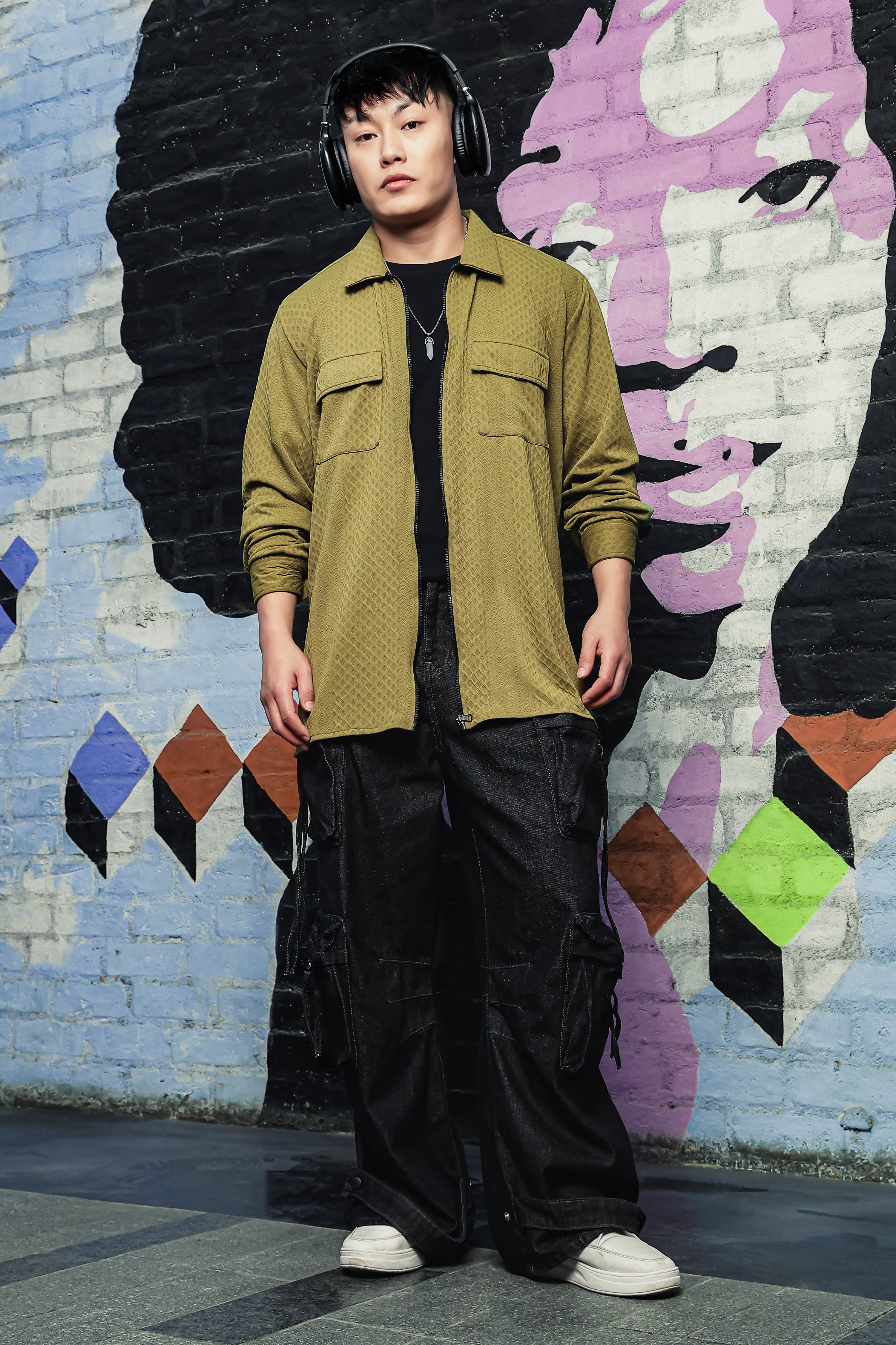 Olive Textured Drop-Shoulder Relaxed Fit Shirt Zipper Shacket