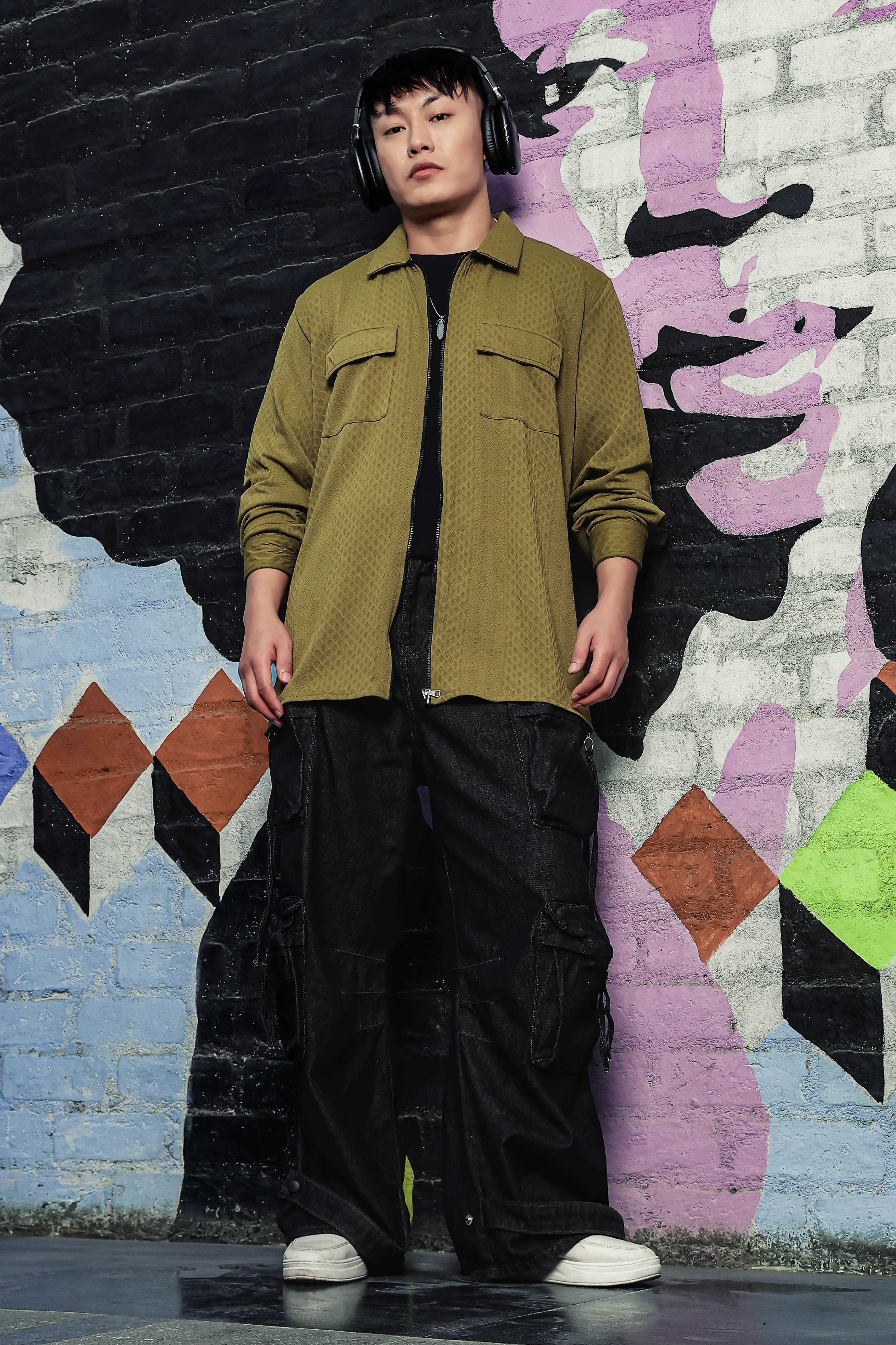 Olive Textured Drop-Shoulder Relaxed Fit Shirt Zipper Shacket