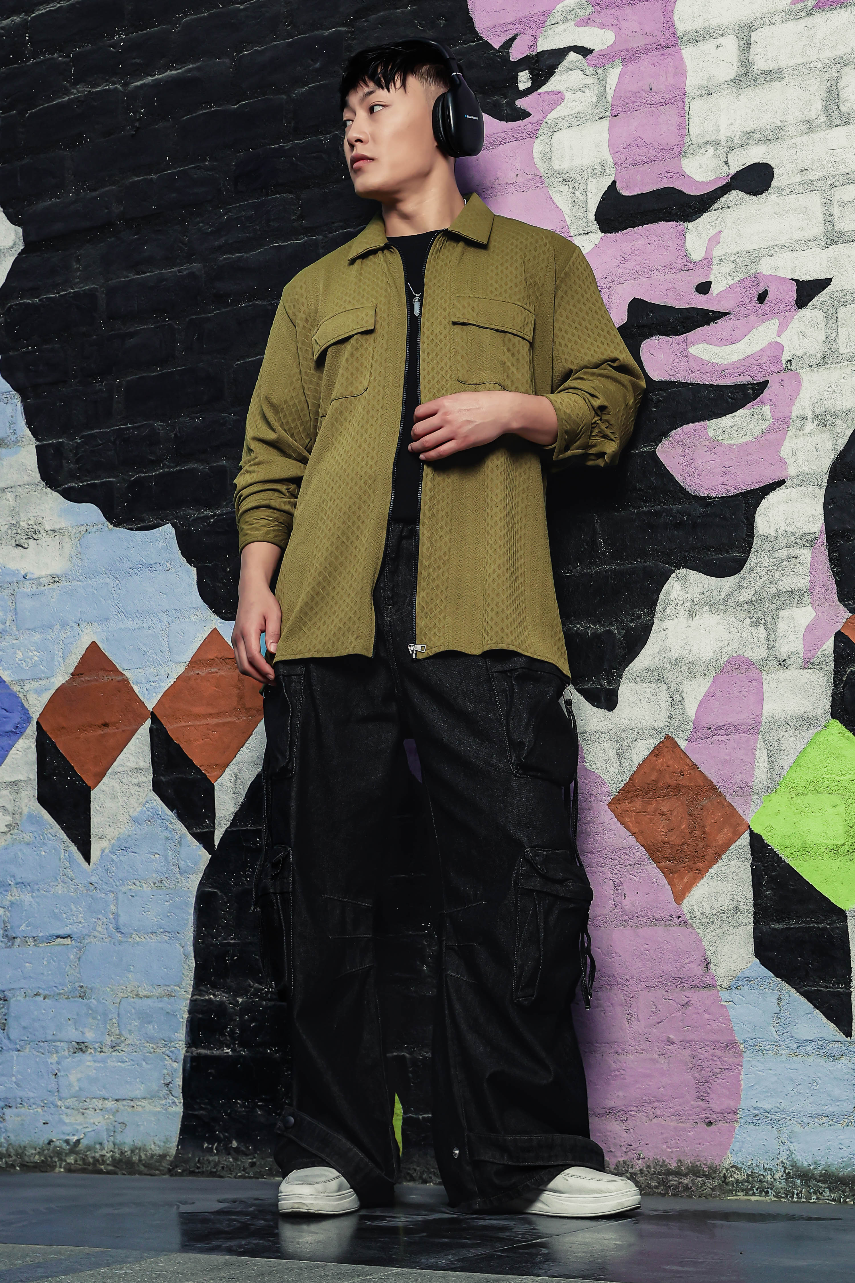 Olive Textured Drop-Shoulder Relaxed Fit Shirt Zipper Shacket