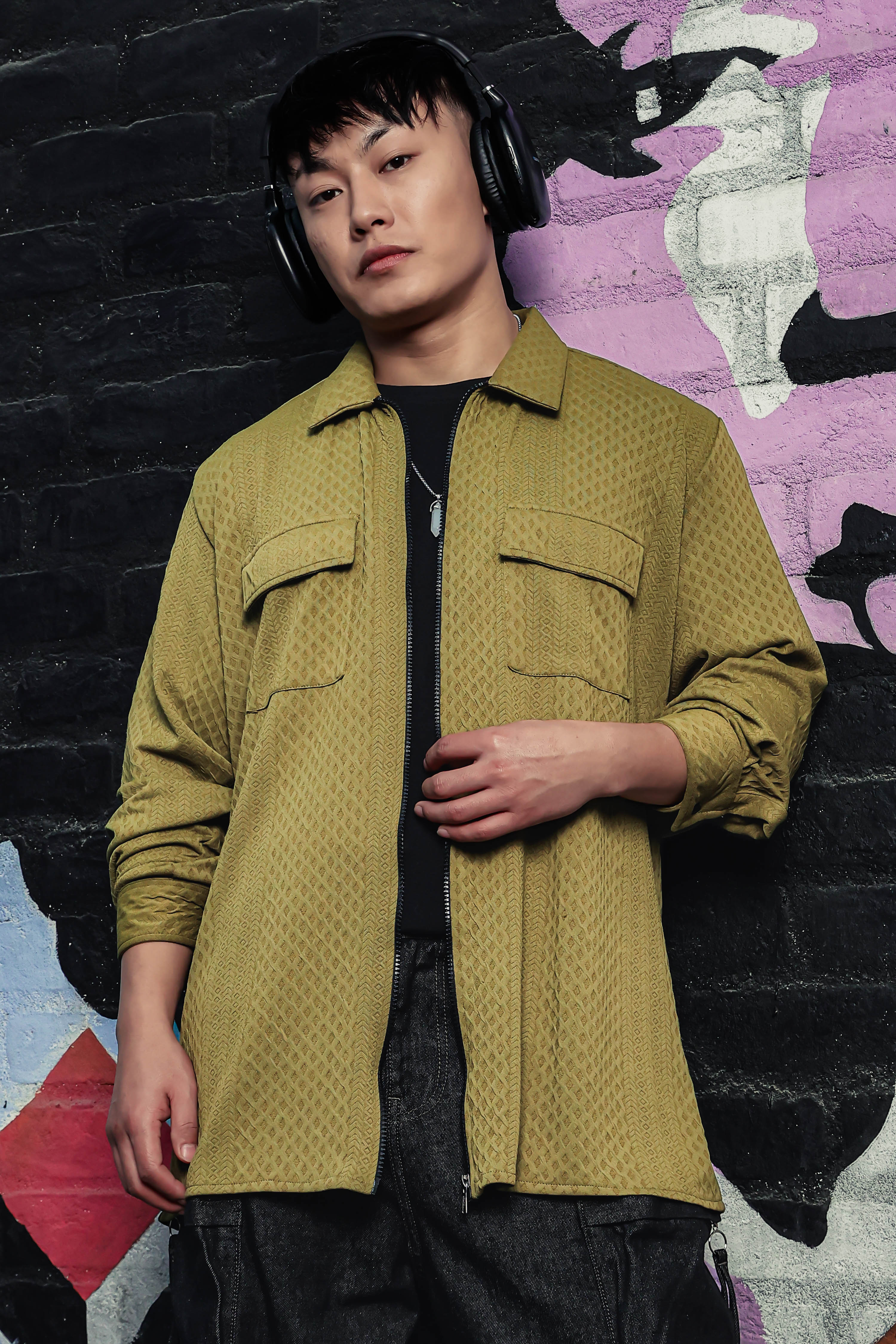 Olive Textured Drop-Shoulder Relaxed Fit Shirt Zipper Shacket