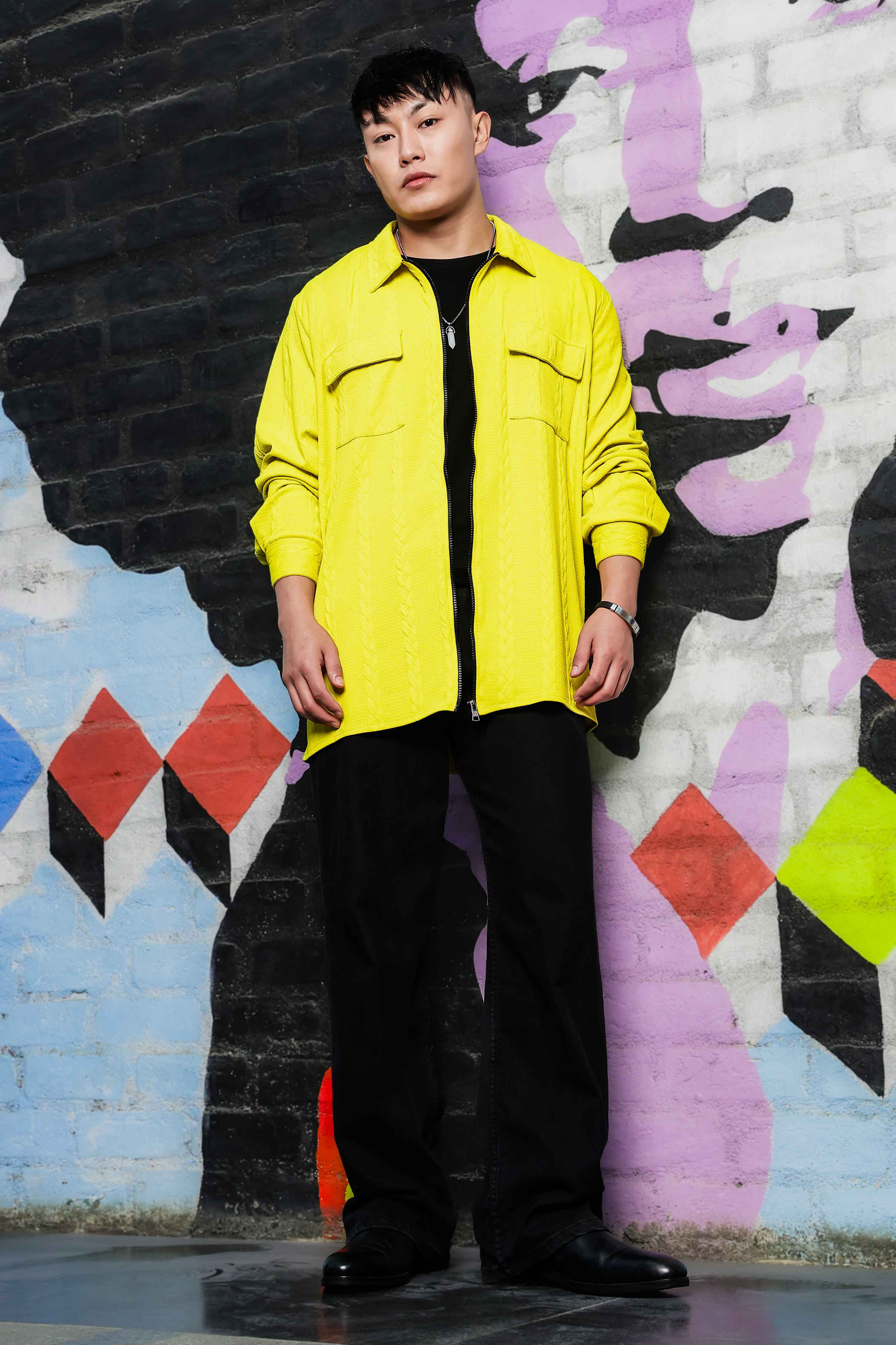 Neon Green Textured Drop-Shoulder Relaxed Fit Shirt  Zipper Shacket