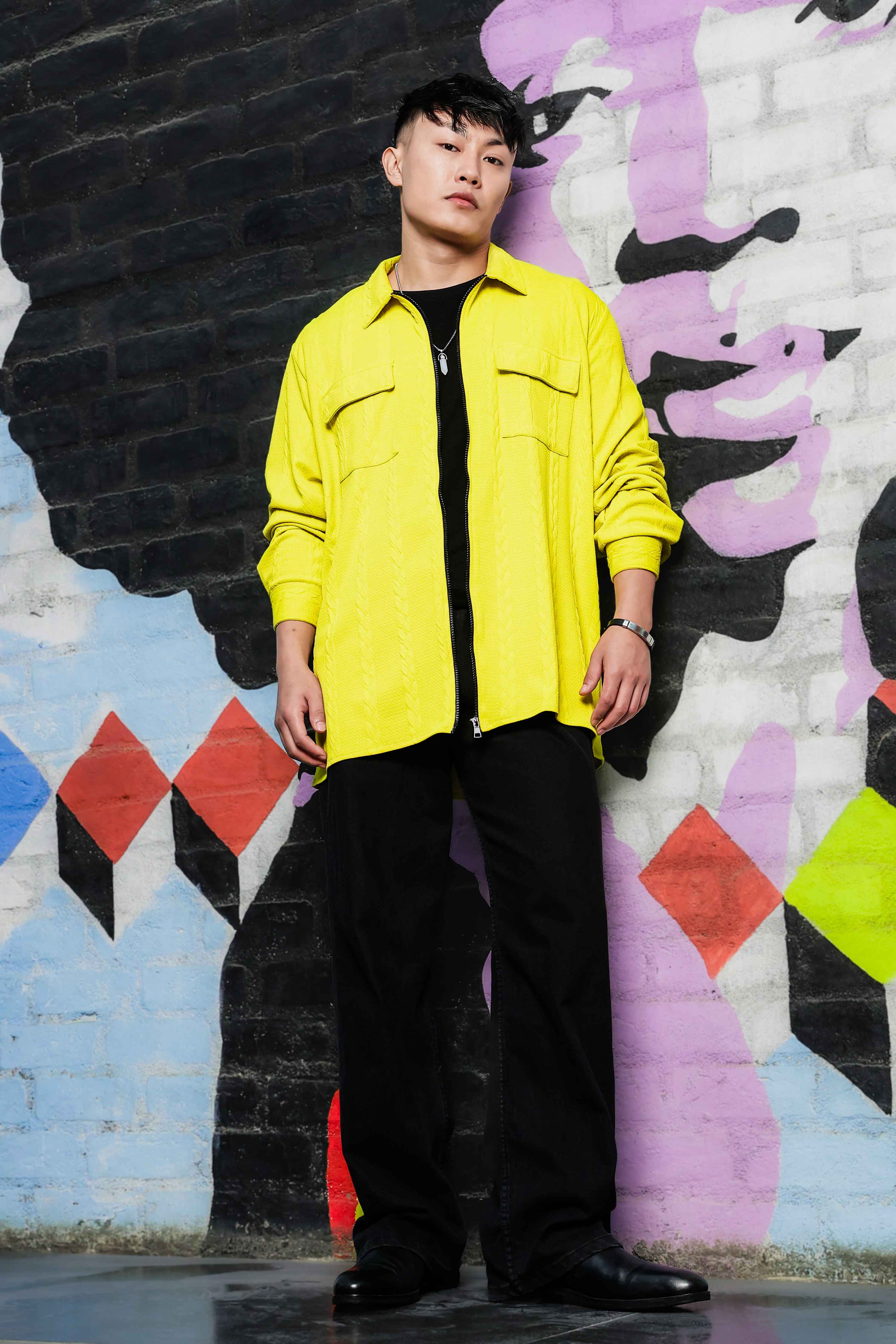 Neon Green Textured Drop-Shoulder Relaxed Fit Shirt  Zipper Shacket