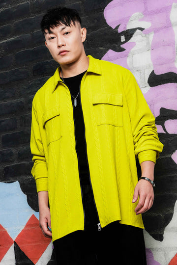 Neon Green Textured Drop-Shoulder Relaxed Fit Shirt  Zipper Shacket