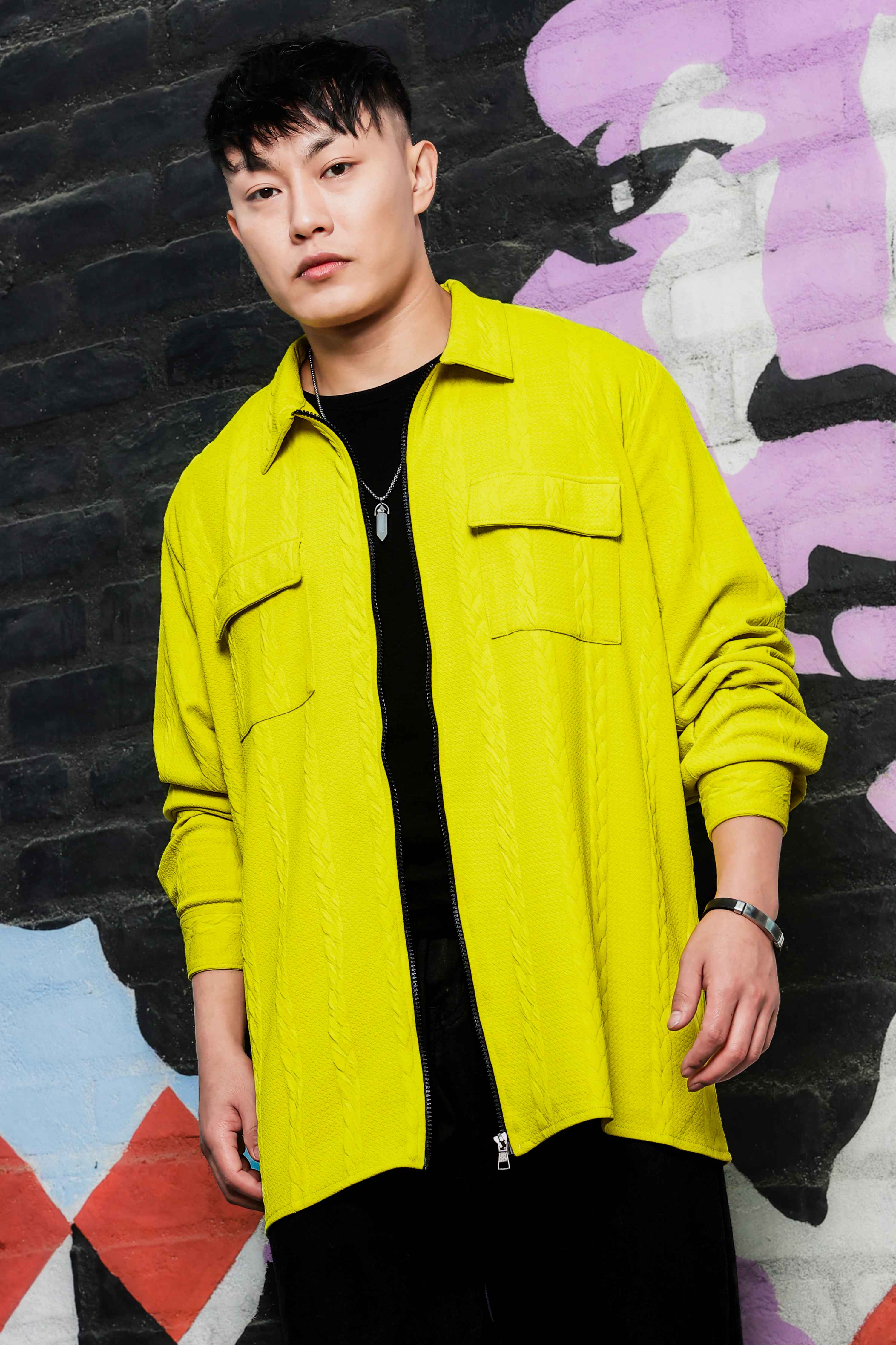 Neon Green Textured Oversized Heavy Duty Zipper Shacket &Trackpant Co-ord Set