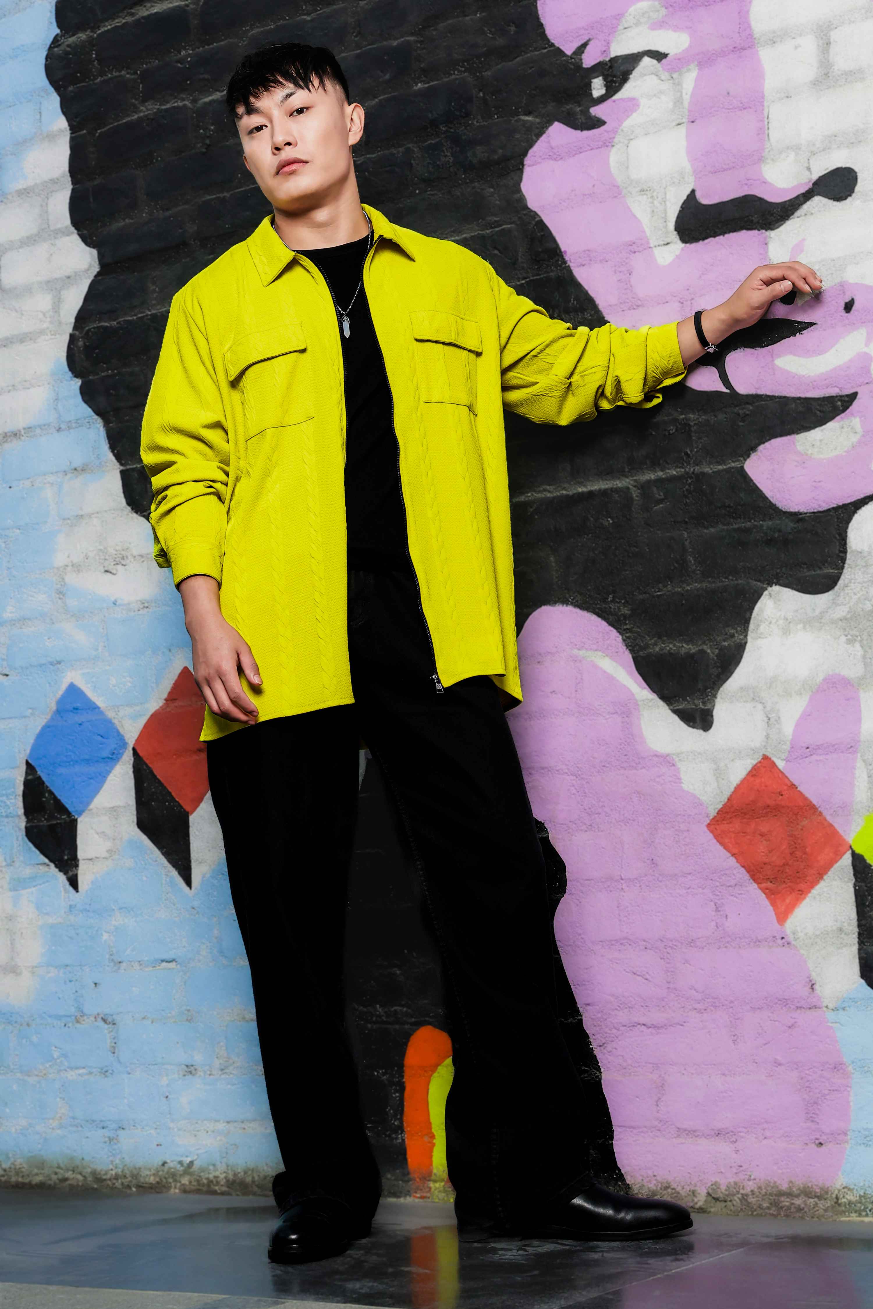 Neon Green Textured Drop-Shoulder Relaxed Fit Shirt  Zipper Shacket