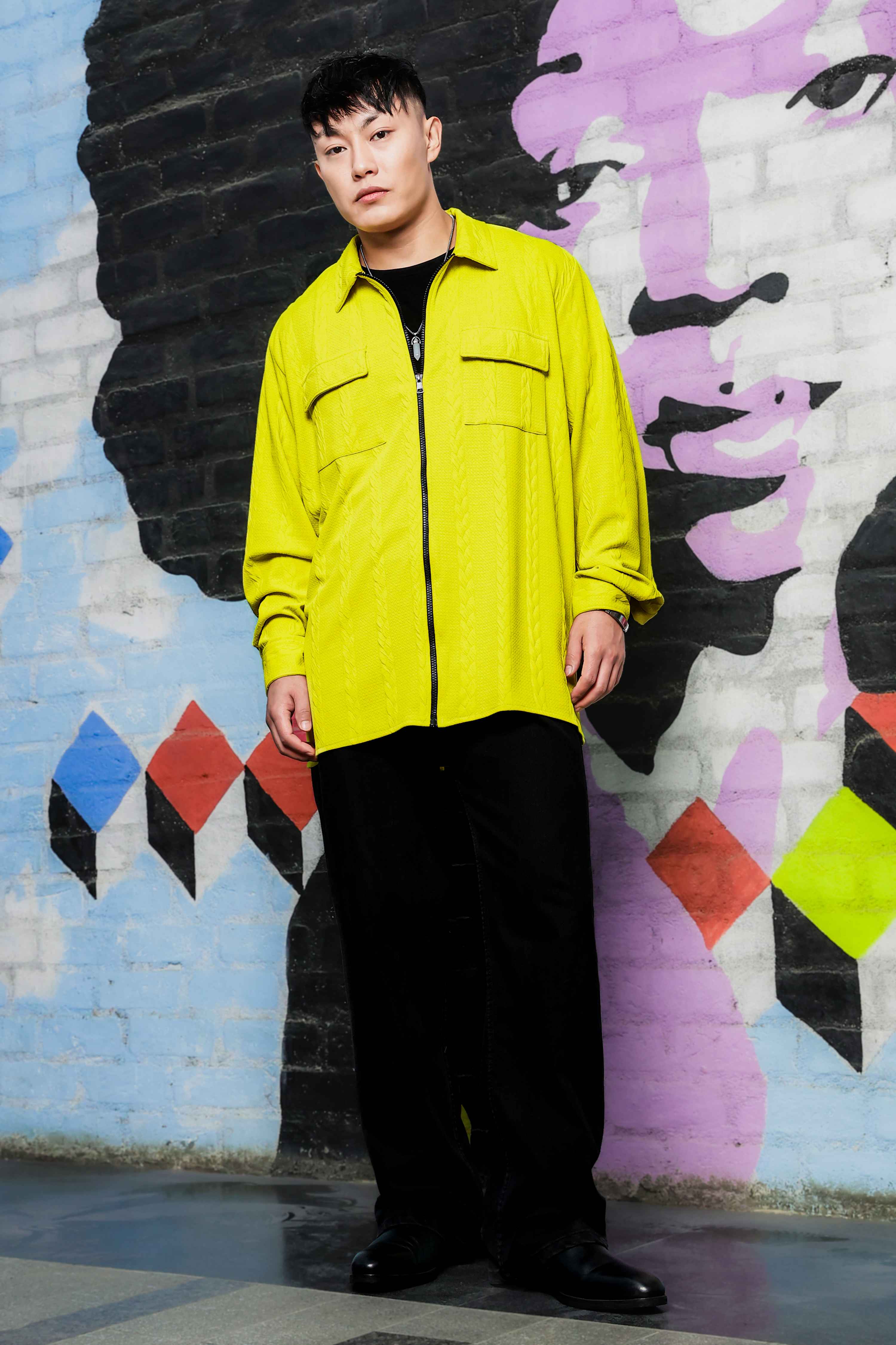 Neon Green Textured Drop-Shoulder Relaxed Fit Shirt  Zipper Shacket