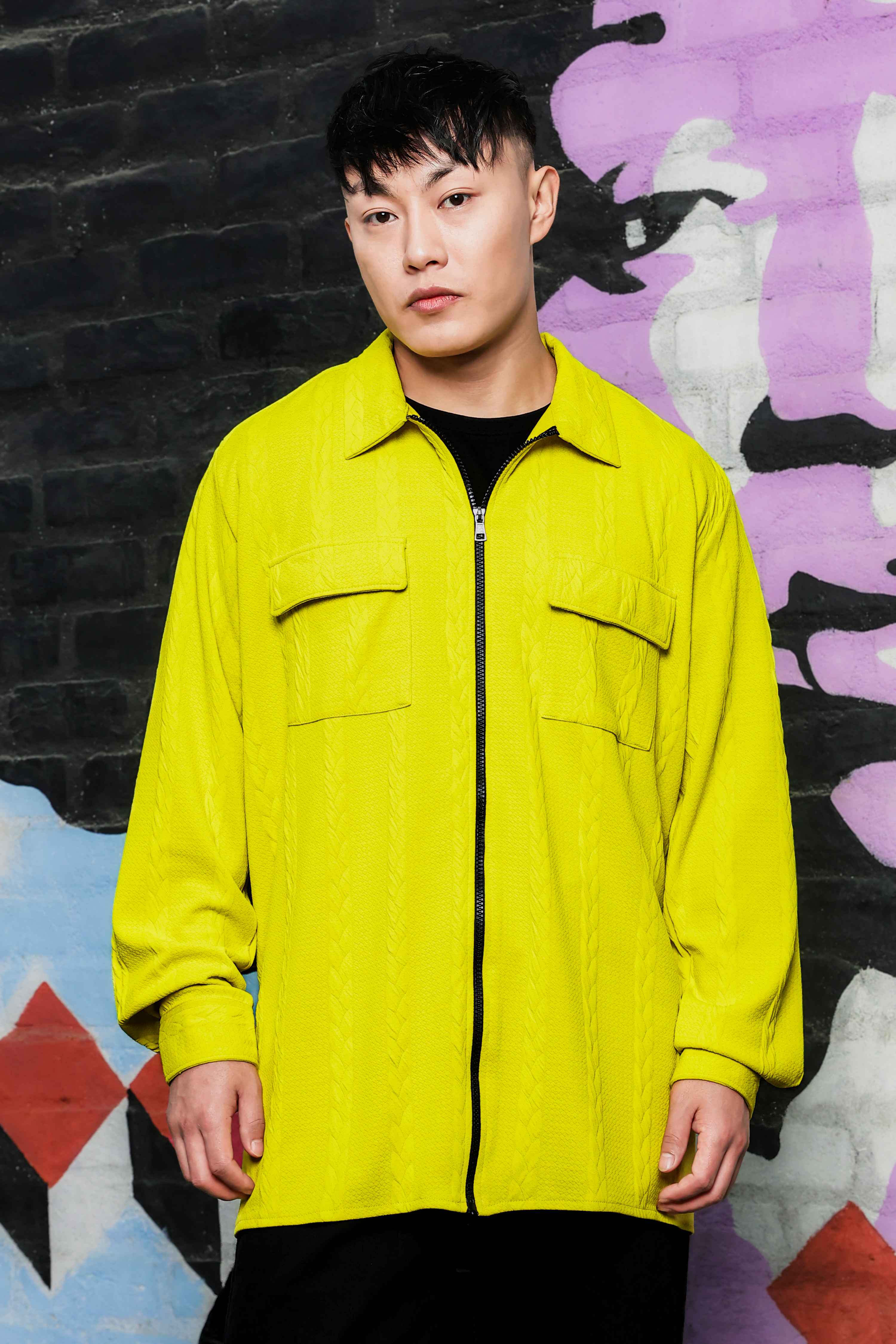 Neon Green Textured Drop-Shoulder Relaxed Fit Shirt  Zipper Shacket