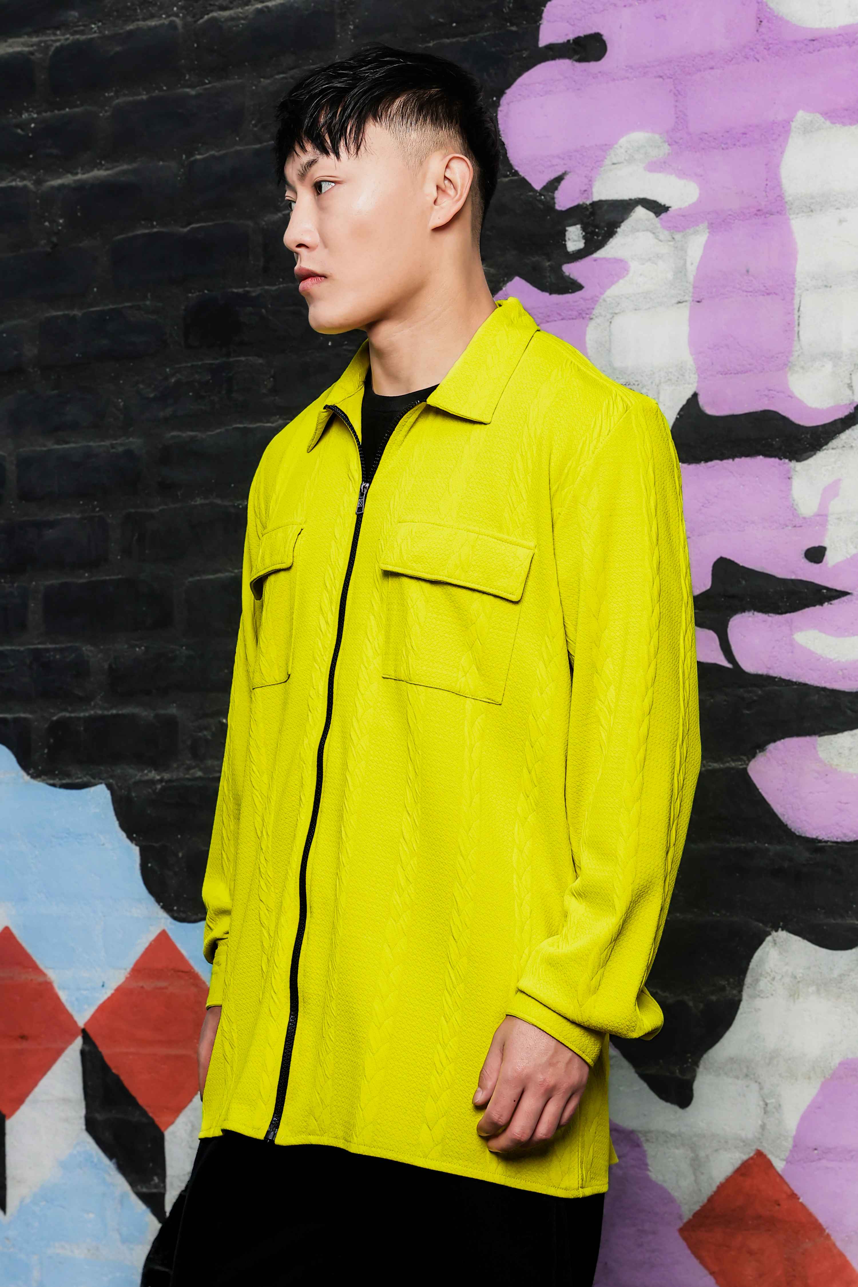 Neon Green Textured Drop-Shoulder Relaxed Fit Shirt  Zipper Shacket