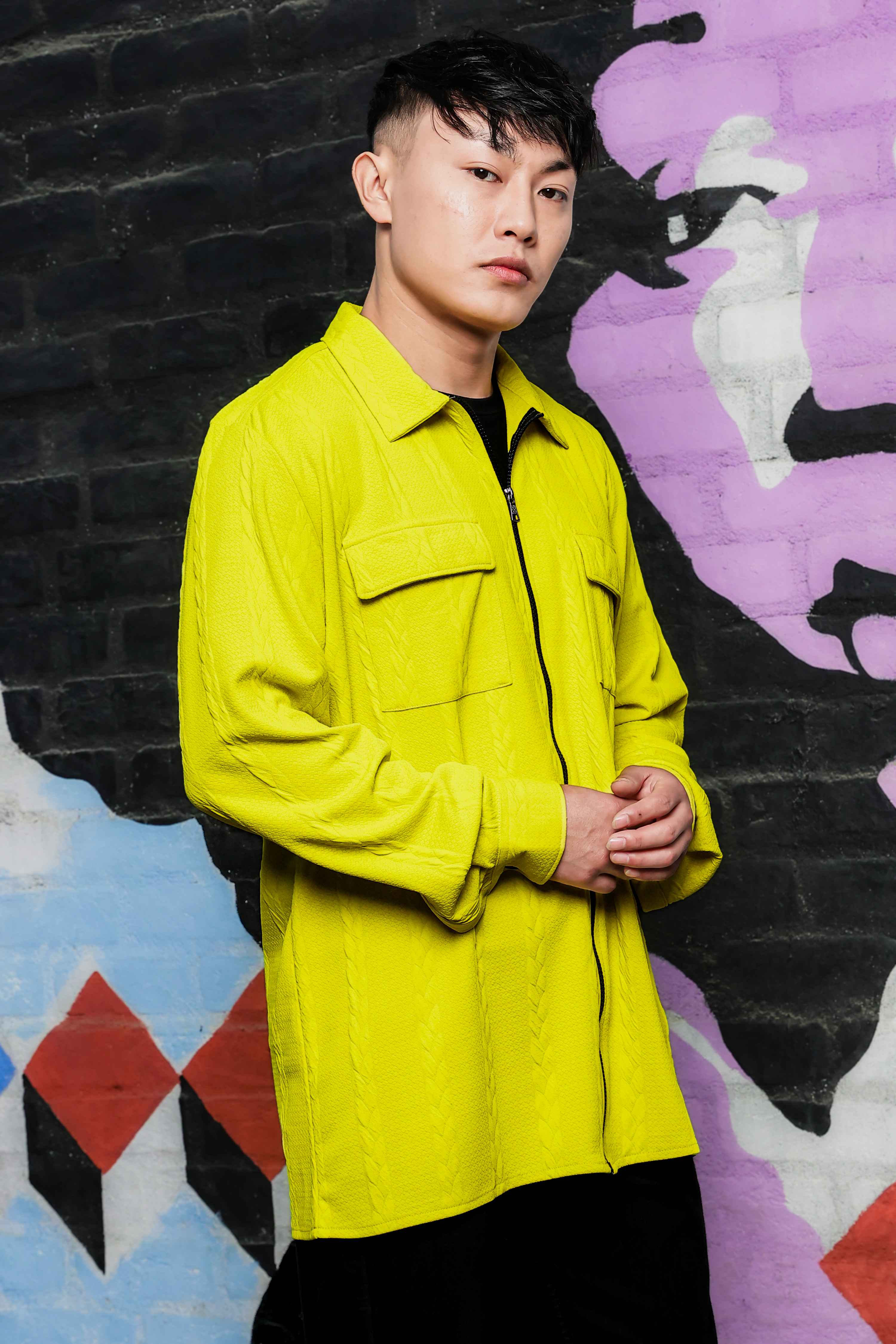 Neon Green Textured Drop-Shoulder Relaxed Fit Shirt  Zipper Shacket