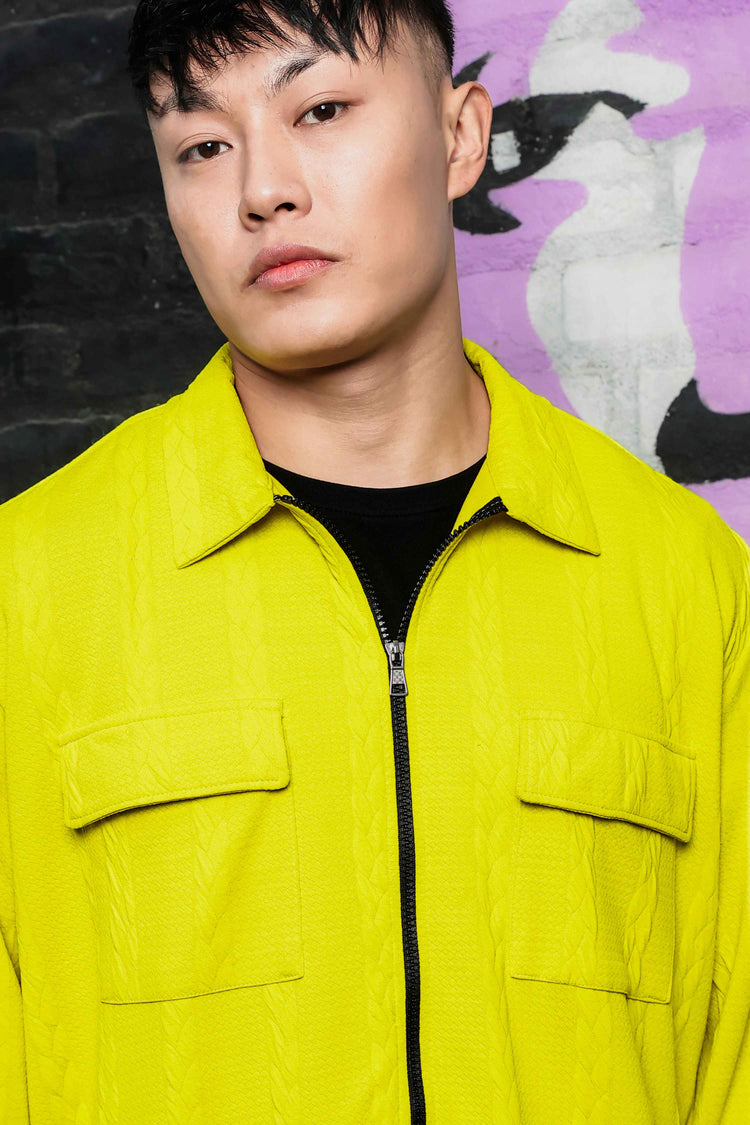 Neon Green Textured Drop-Shoulder Relaxed Fit Shirt Zipper Shacket