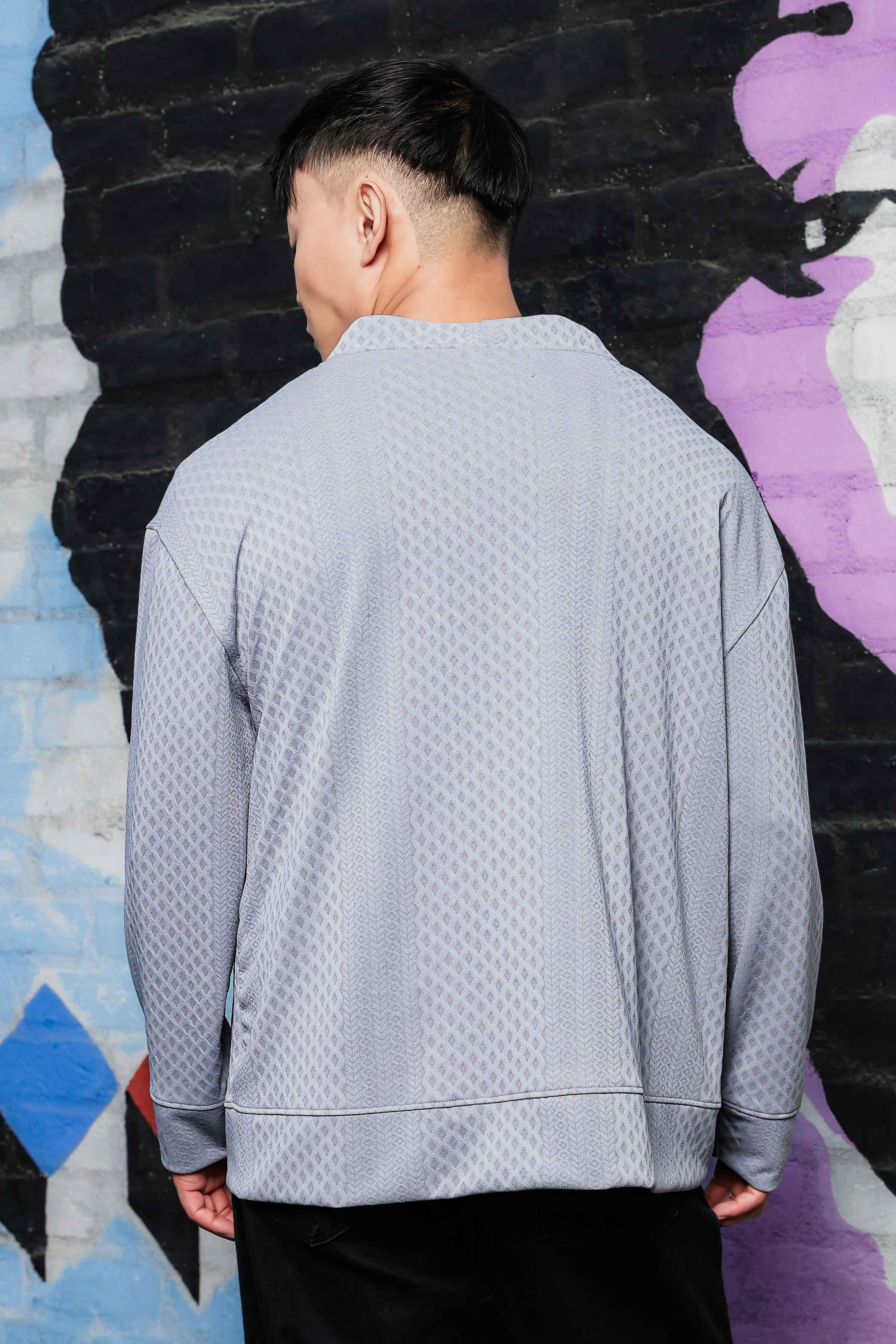 Grey Textured & Self Design V-Neck Knitted Cardigan