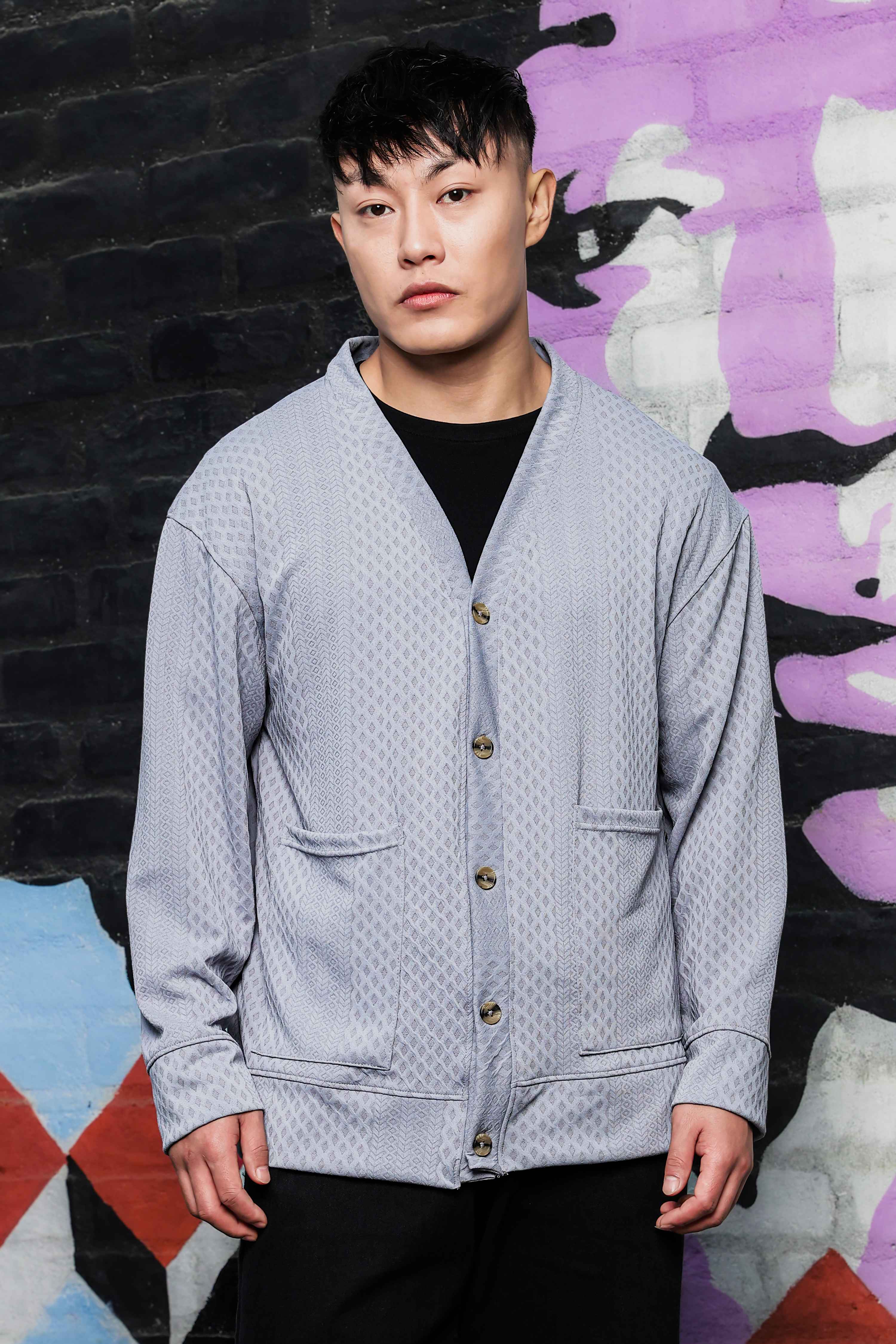 Grey Textured & Self Design V-Neck Knitted Cardigan