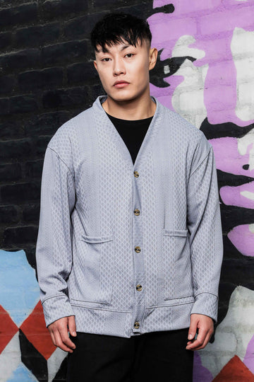 Grey Textured & Self Design V-Neck Knitted Cardigan
