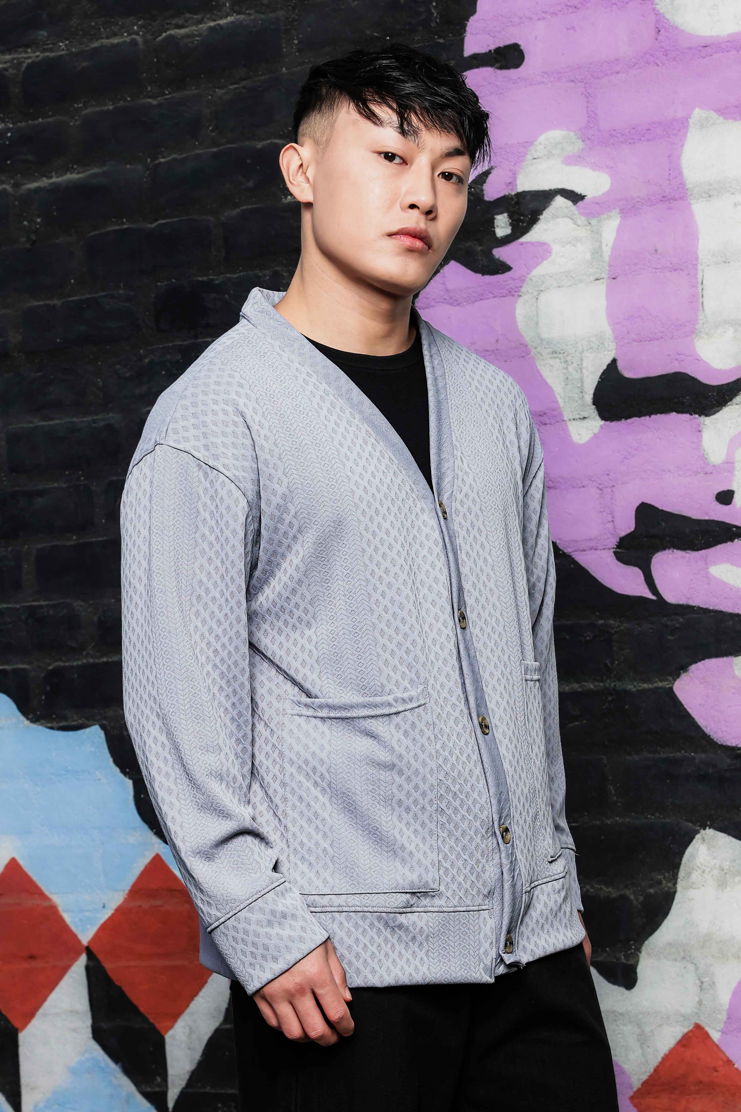 Grey Textured & Self Design V-Neck Knitted Cardigan