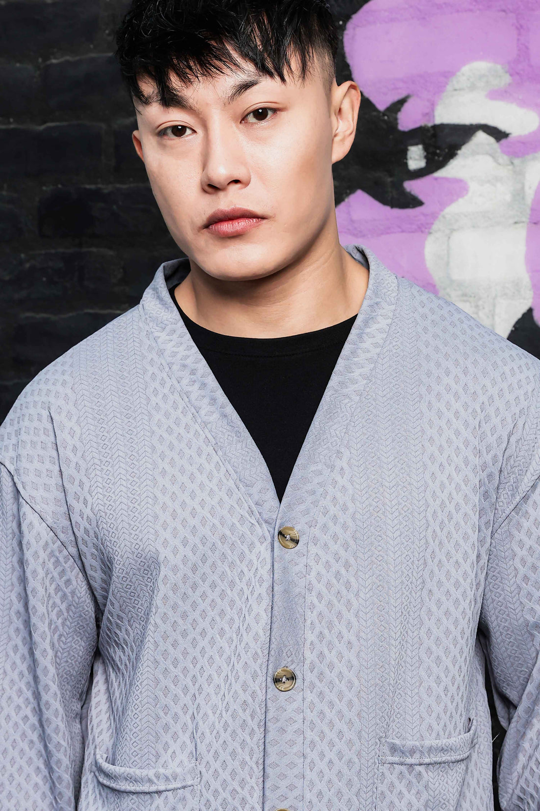 Grey Textured & Self Design V-Neck Knitted Cardigan