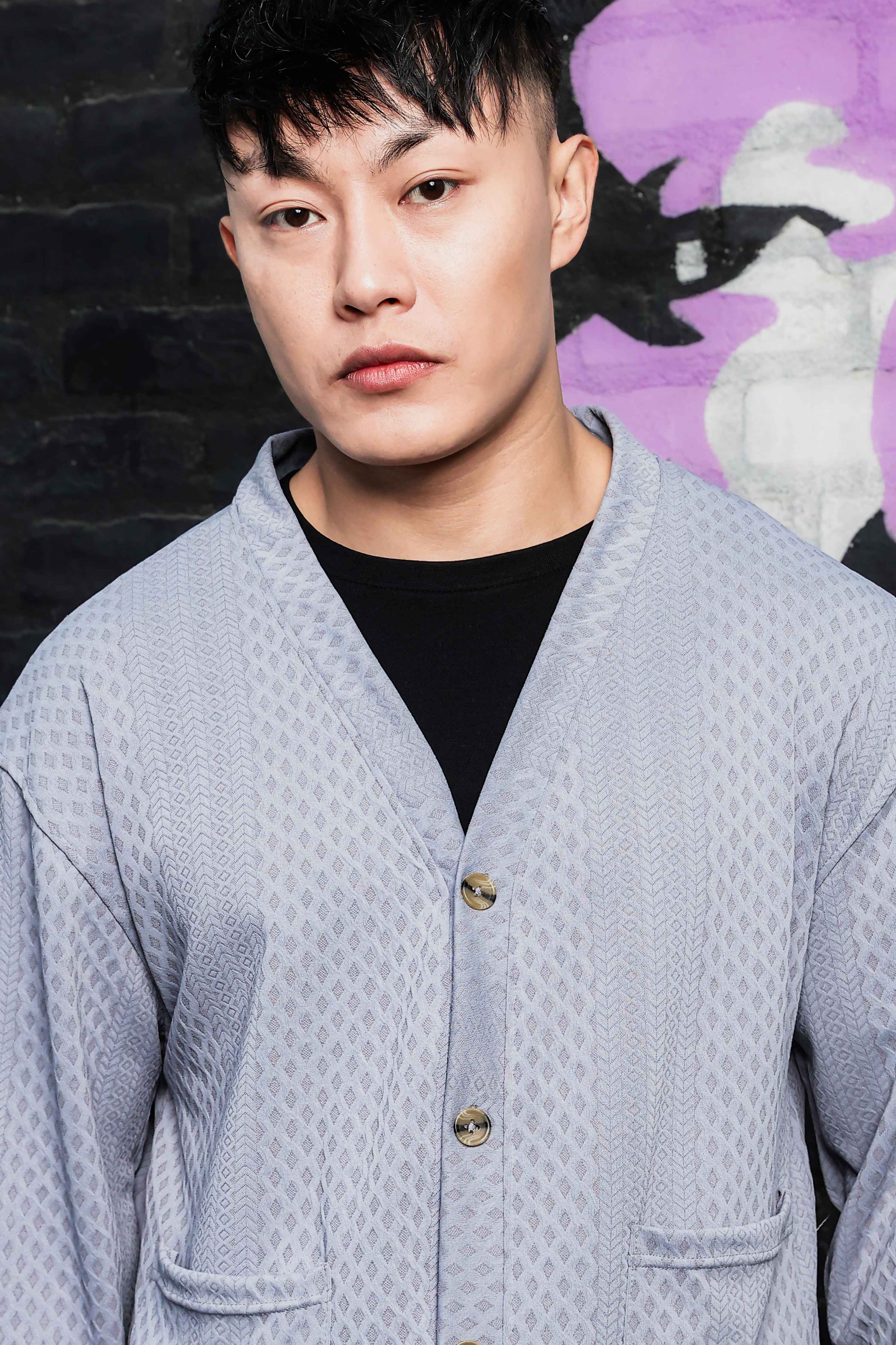 Grey Textured & Self Design V-Neck Knitted Cardigan