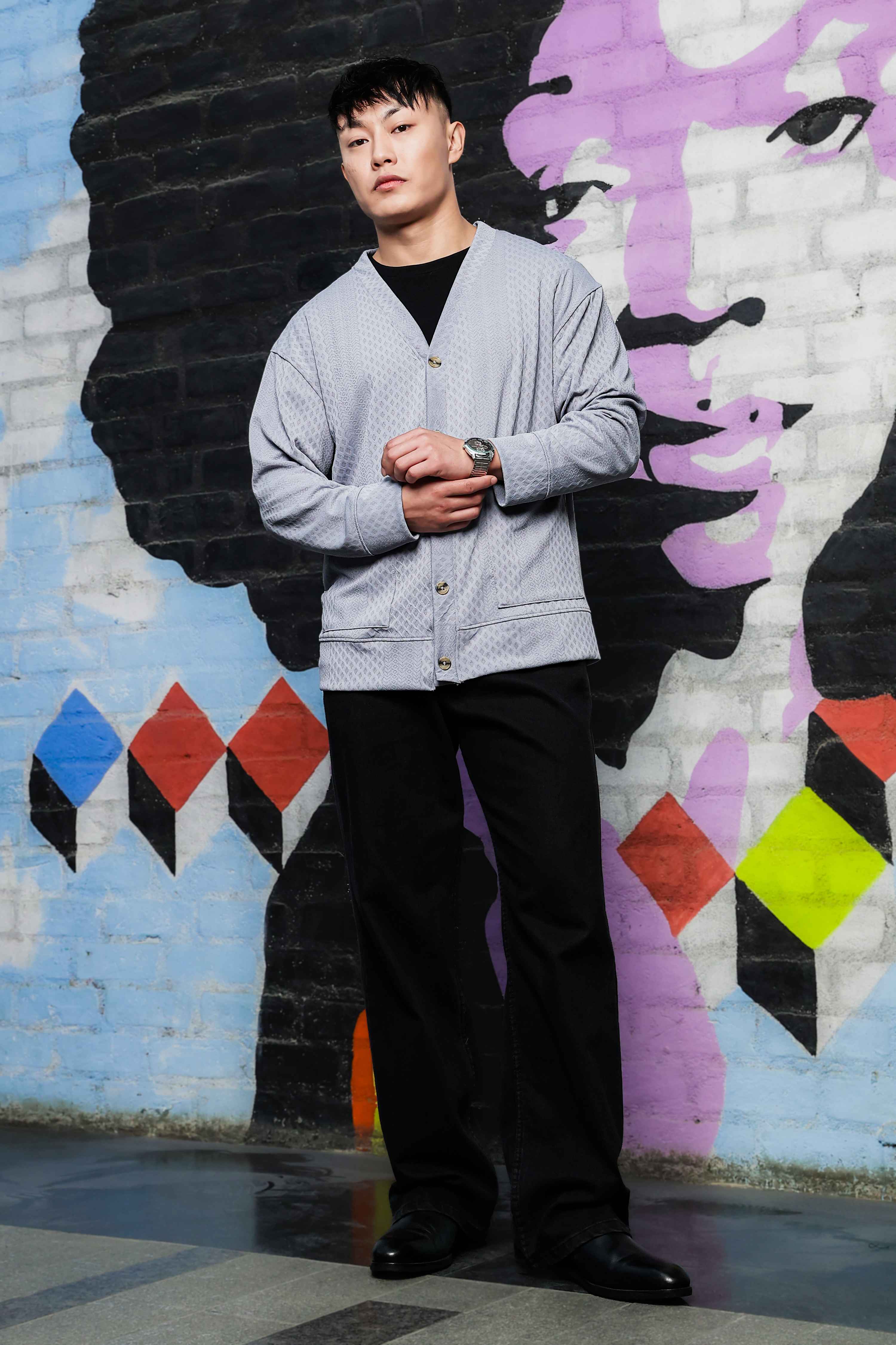 Grey Textured & Self Design V-Neck Knitted Cardigan