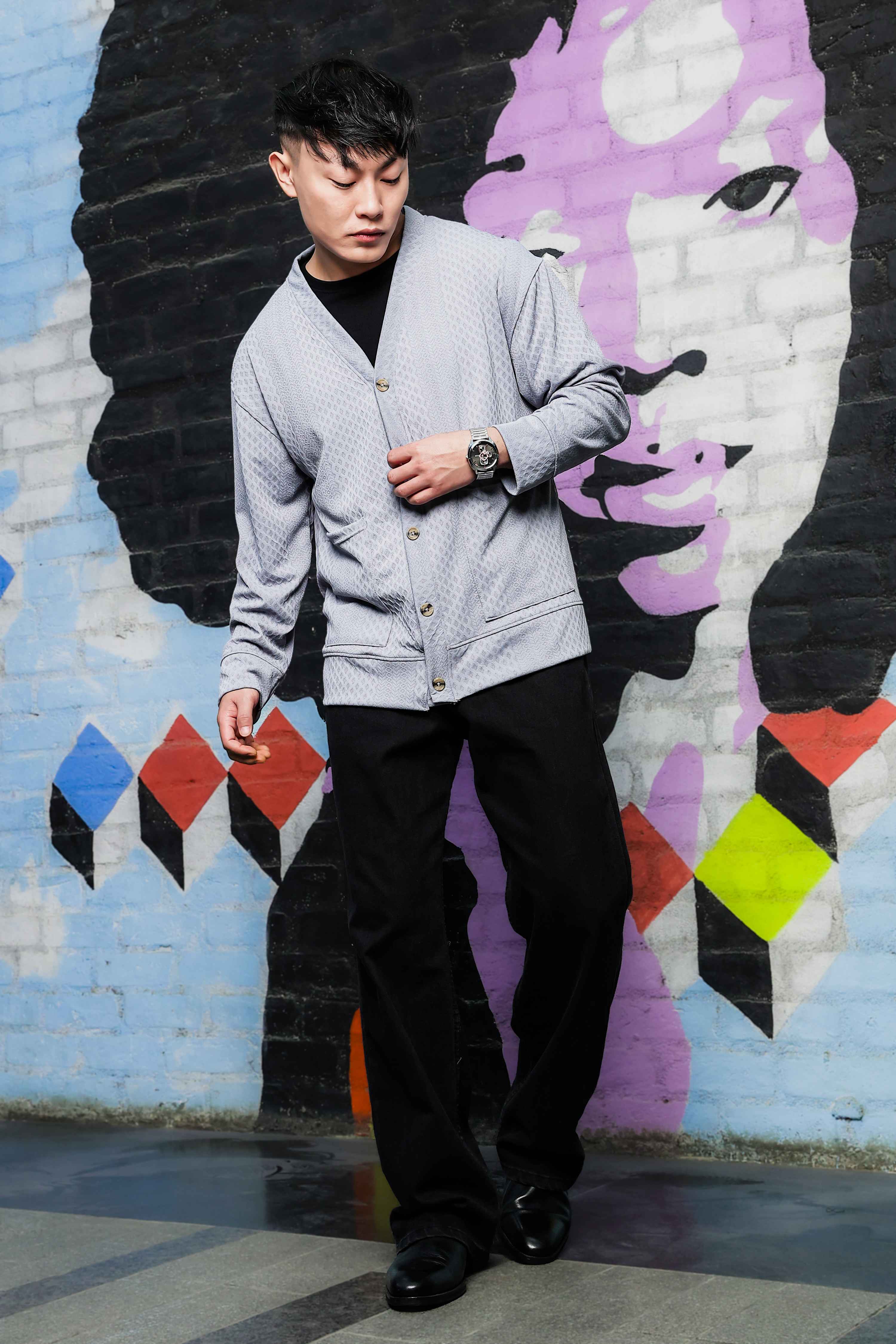 Grey Textured & Self Design V-Neck Knitted Cardigan